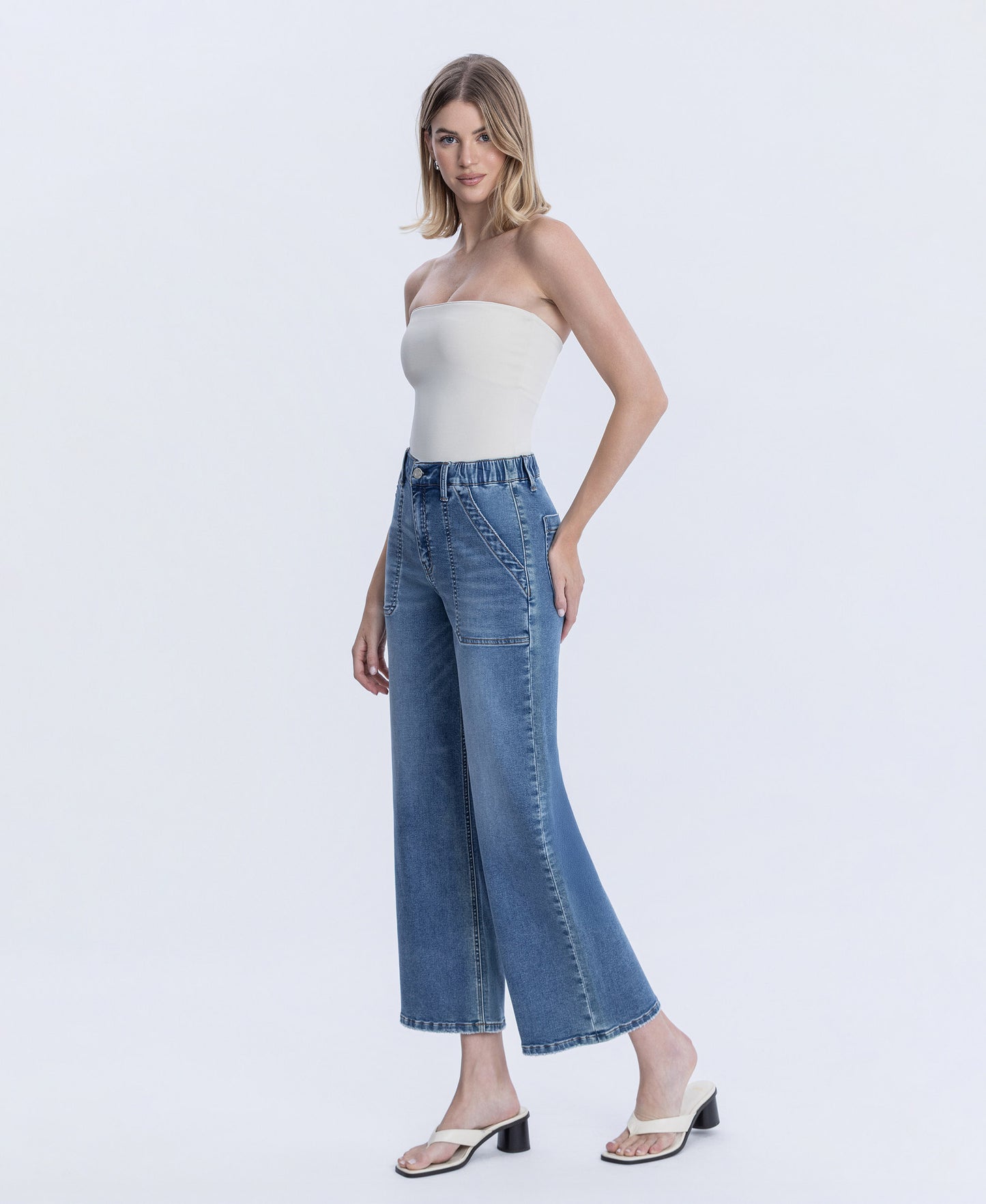 Left 45 degrees product image of Serendipity Light - High Rise Elastic Waistband Ankle Baggy Wide Leg Jeans