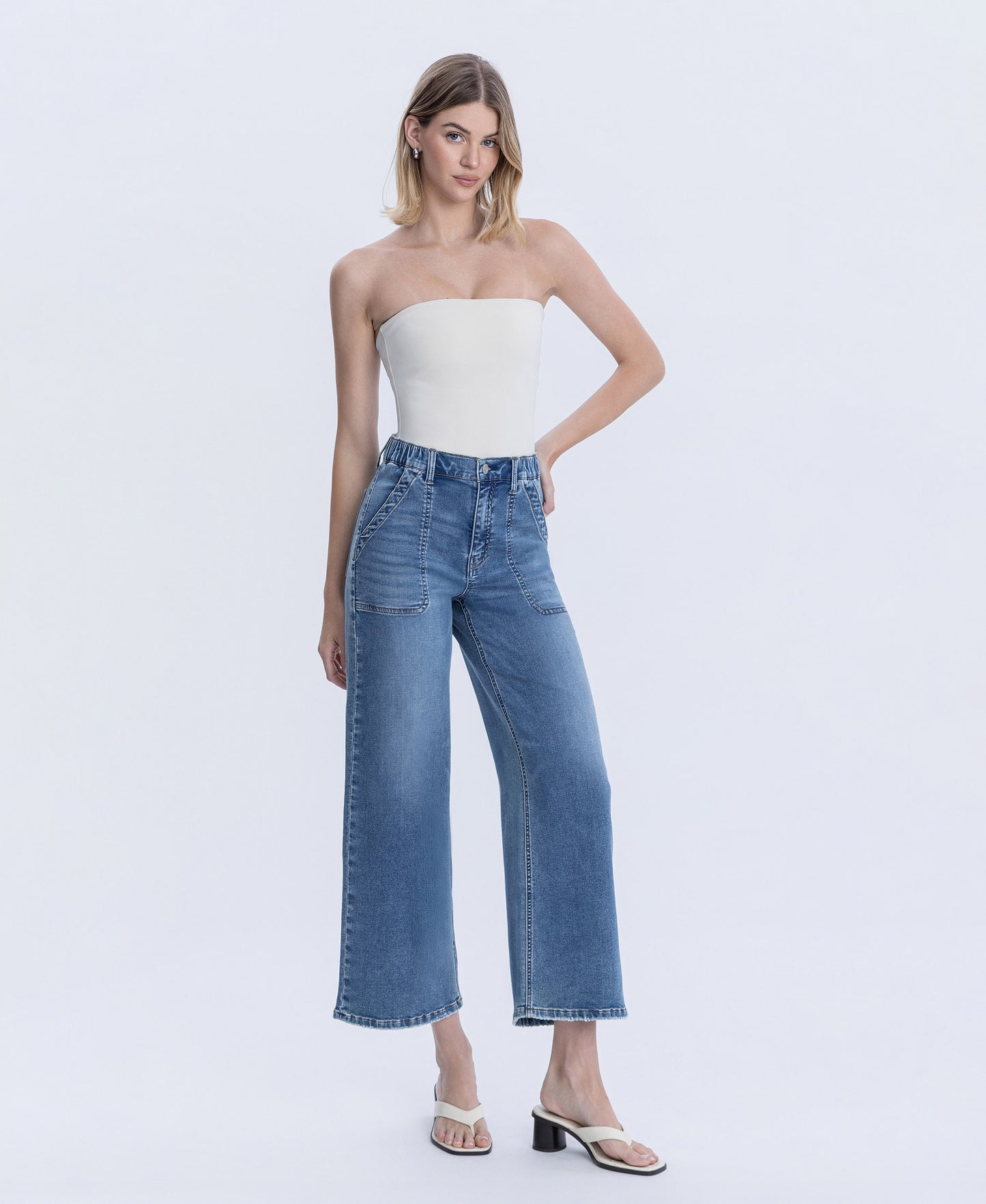 Right 45 degrees product image of Serendipity Light - High Rise Elastic Waistband Ankle Baggy Wide Leg Jeans
