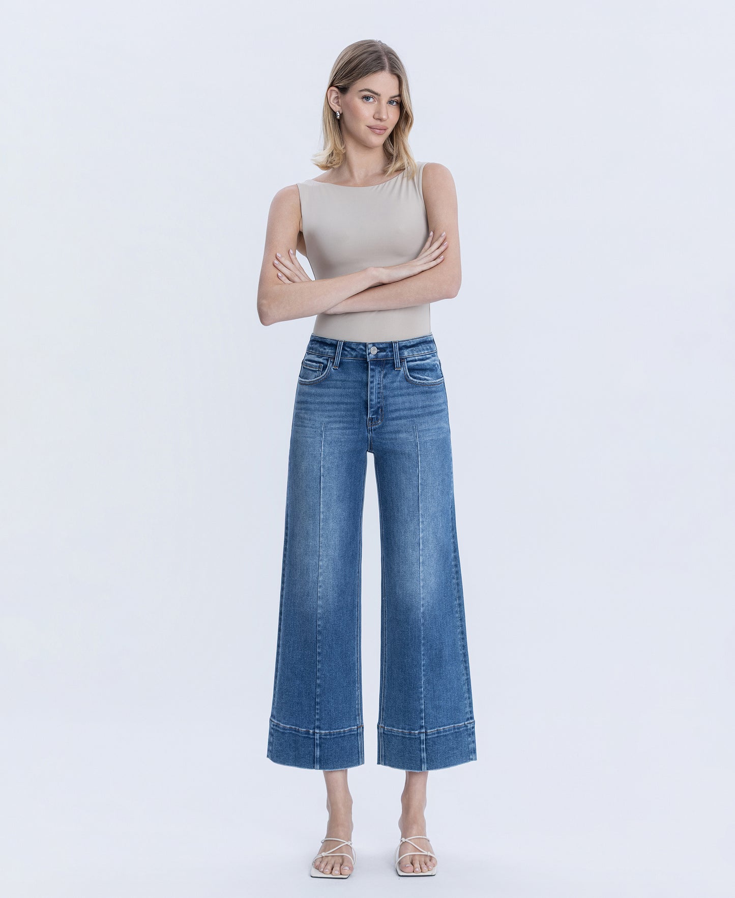 Front product images of Golden Aura - High Rise Trouser Hem Pin Tuck Ankle Wide Leg Jeans