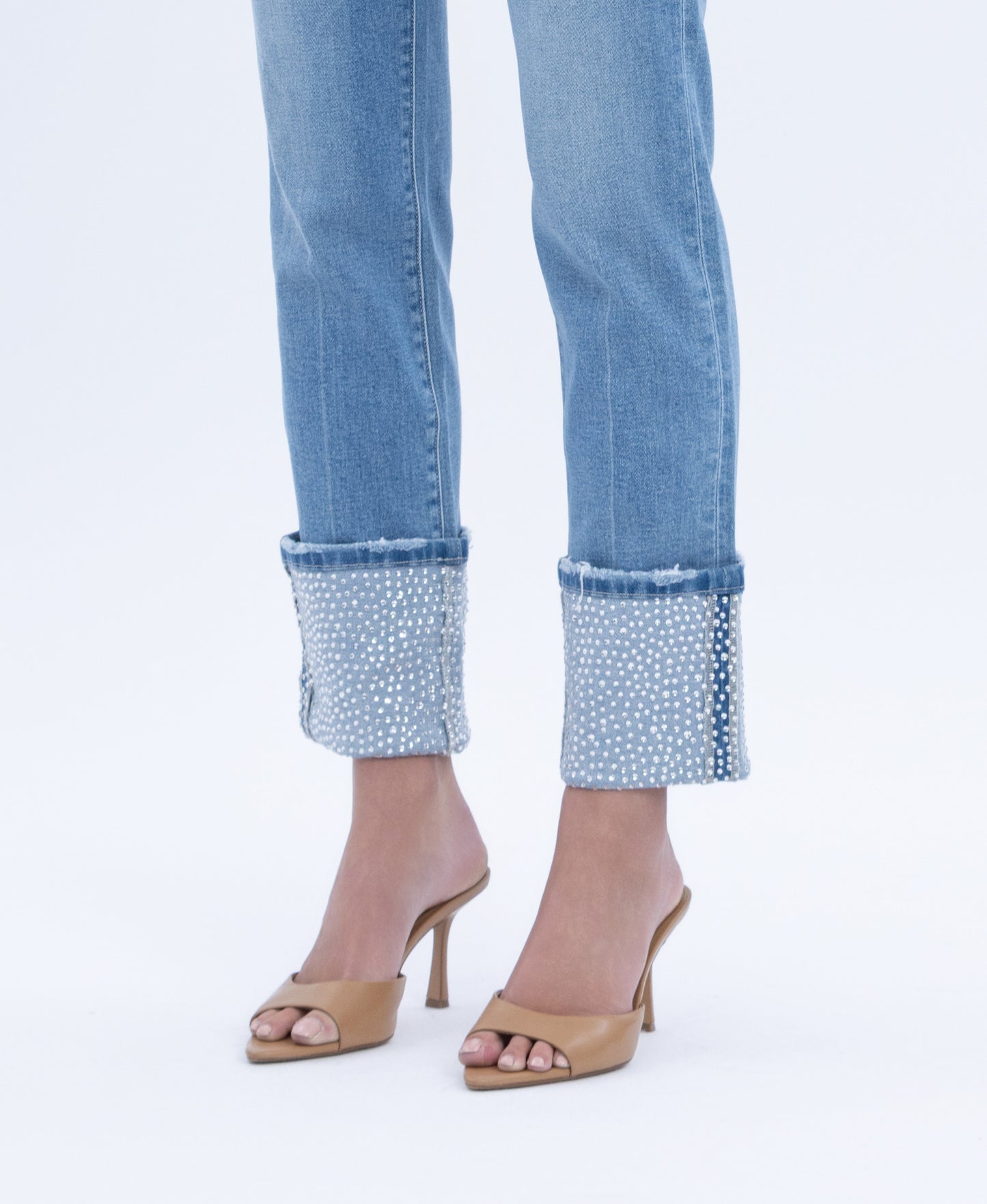 detail image of Elegant Serenity - High Rise Rhinestone Cuffed Slim Straight Jeans