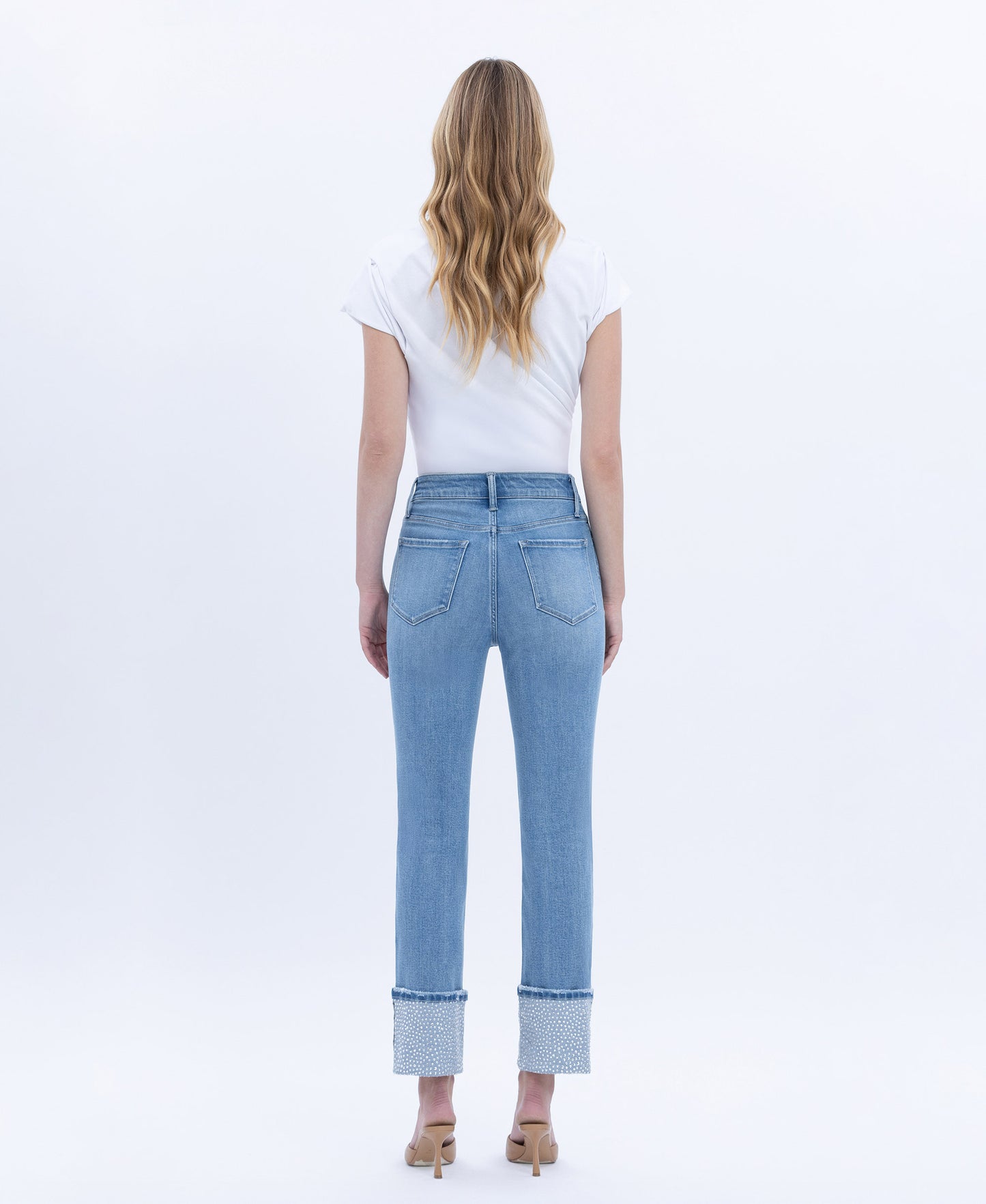Back product images of Elegant Serenity - High Rise Rhinestone Cuffed Slim Straight Jeans