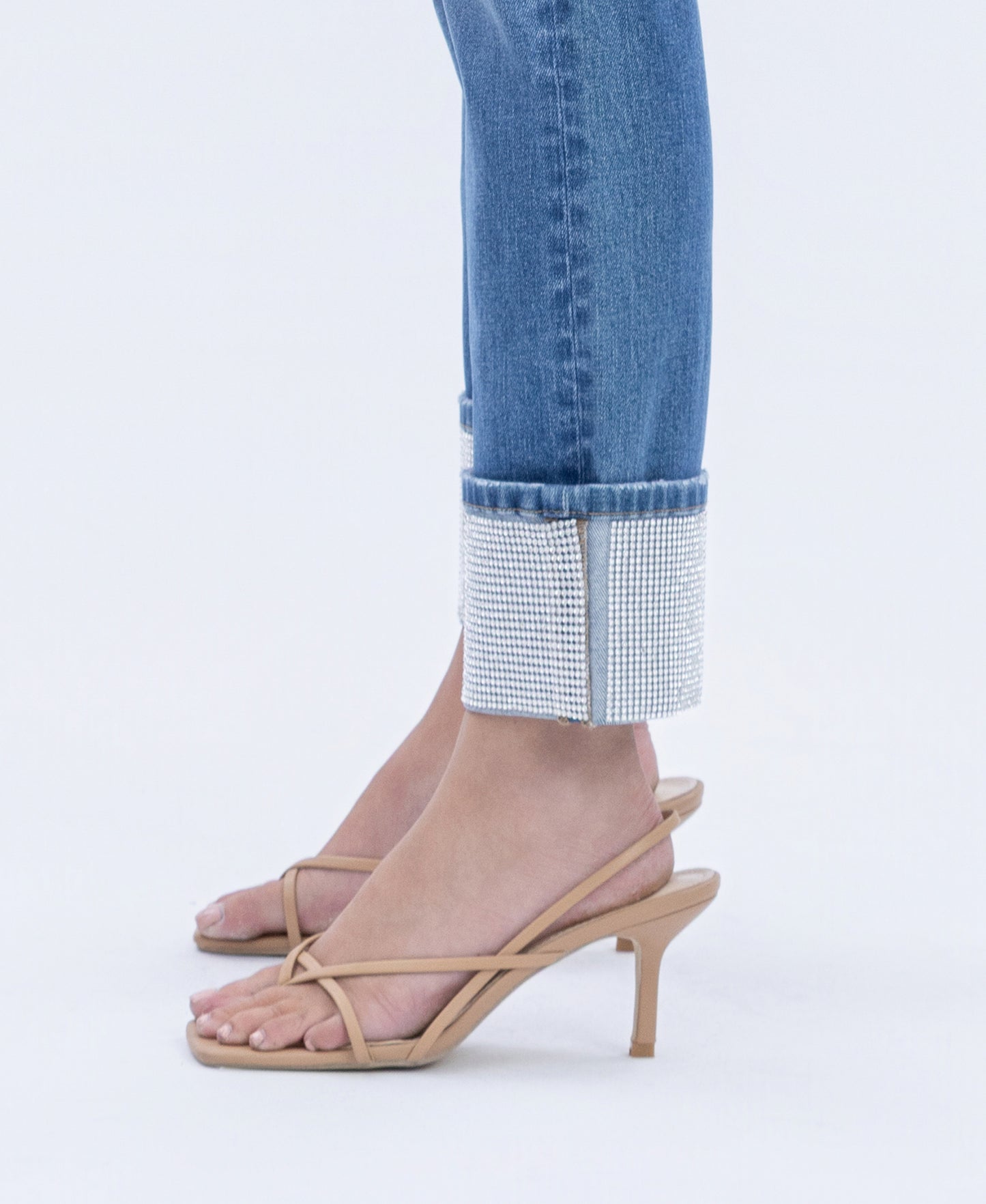 detail image of Radiant Dream - High Rise Rhinestone Cuffed Slim Straight Jeans