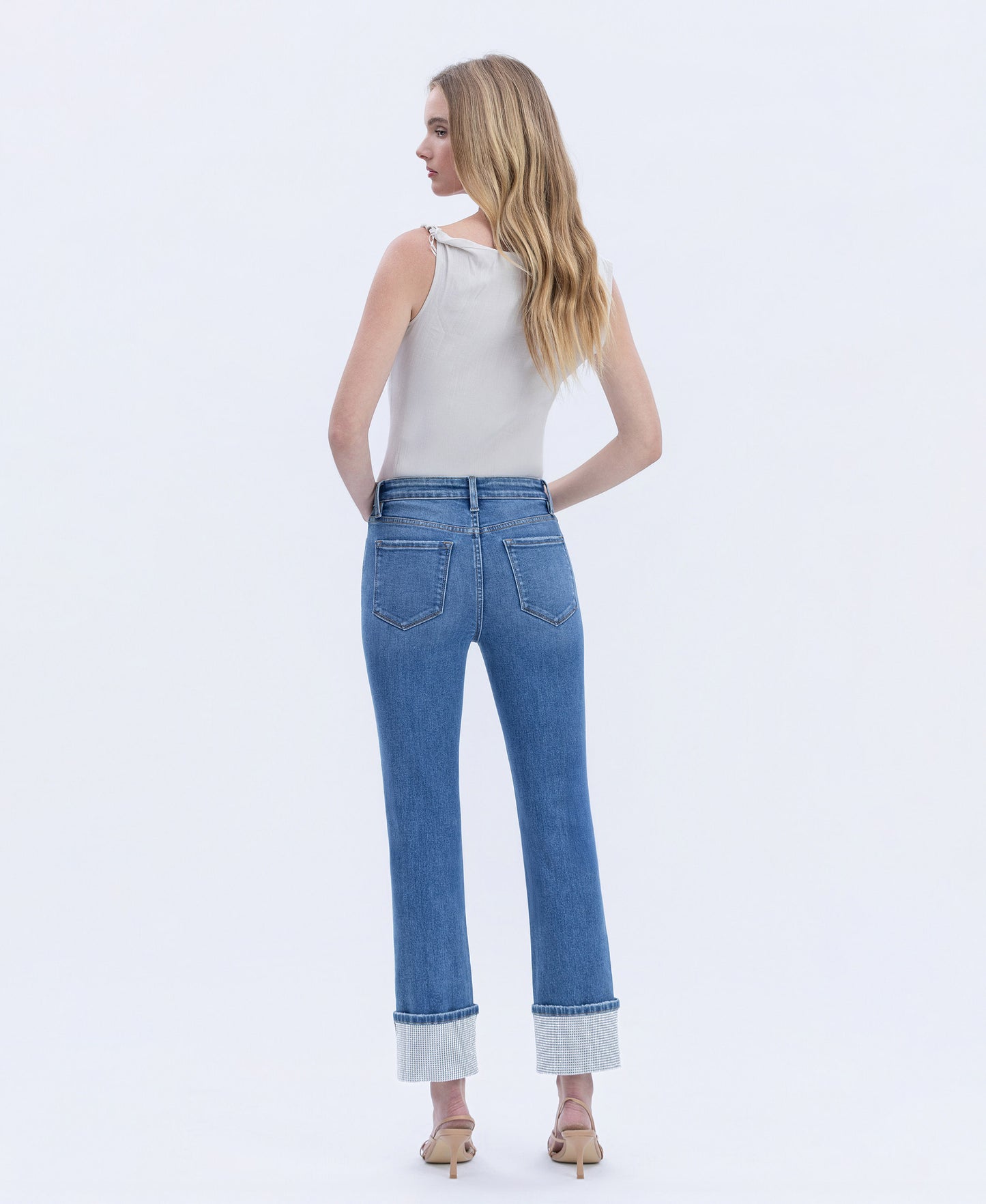 Back product images of Radiant Dream - High Rise Rhinestone Cuffed Slim Straight Jeans