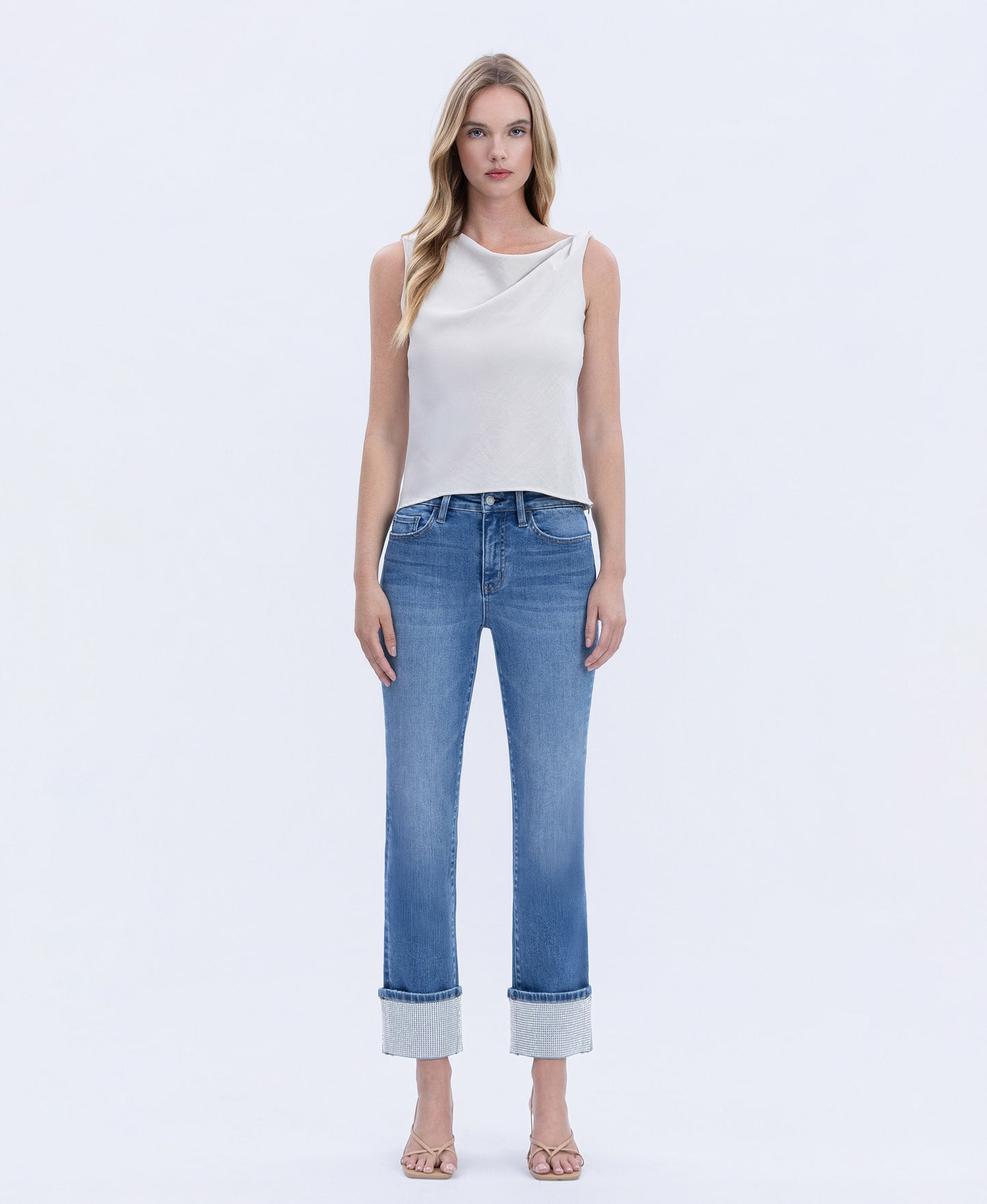 Front product images of Radiant Dream - High Rise Rhinestone Cuffed Slim Straight Jeans