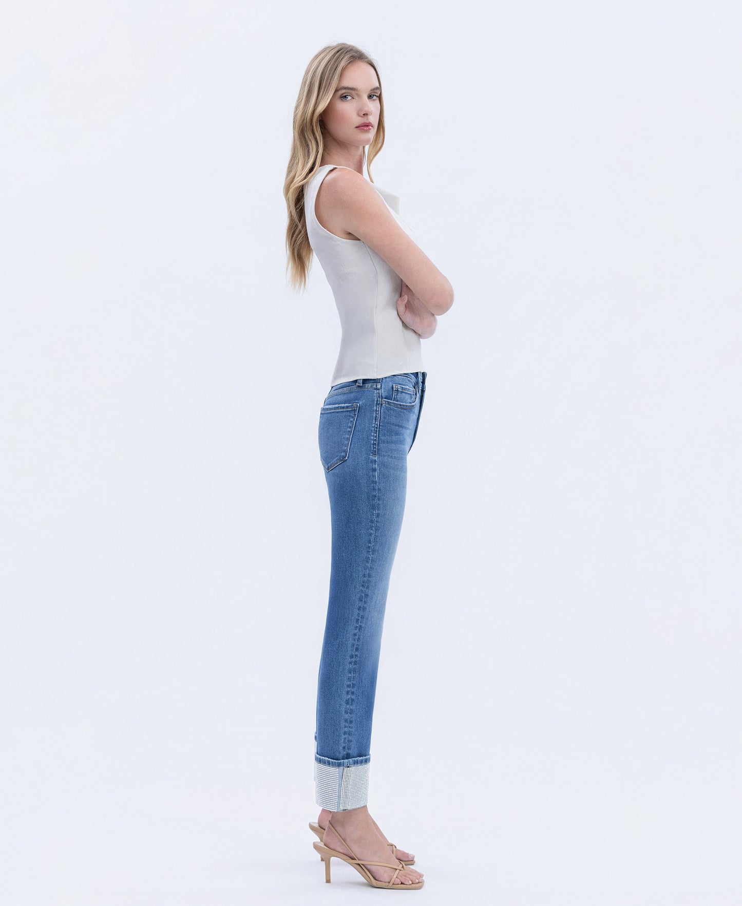 Right side product images of Radiant Dream - High Rise Rhinestone Cuffed Slim Straight Jeans