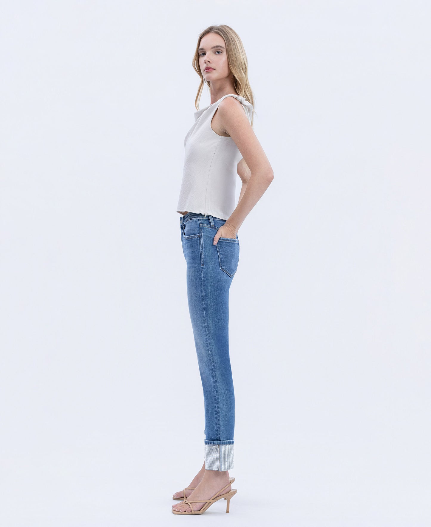 Left side product images of Radiant Dream - High Rise Rhinestone Cuffed Slim Straight Jeans