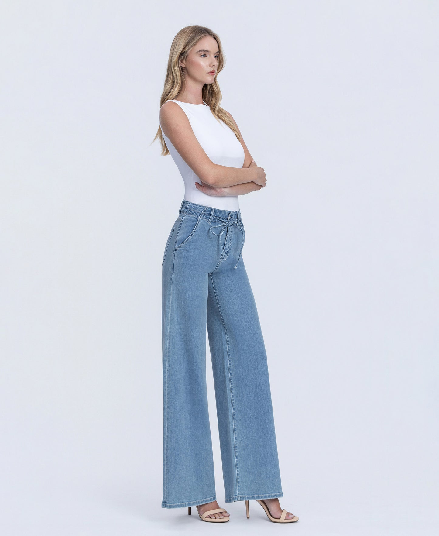 Right 45 degrees product image of Ethereal Promise - High Rise Tie Waist Crop Palazzo Jeans