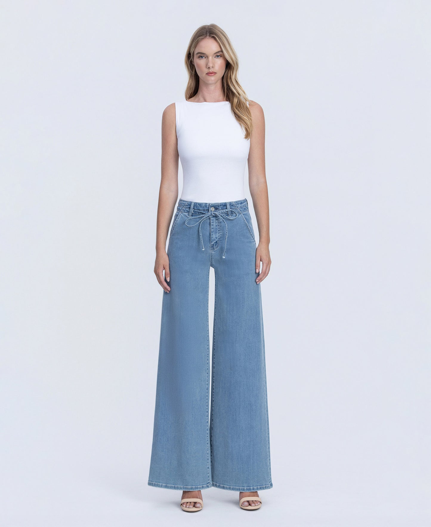 Front product images of Ethereal Promise - High Rise Tie Waist Crop Palazzo Jeans