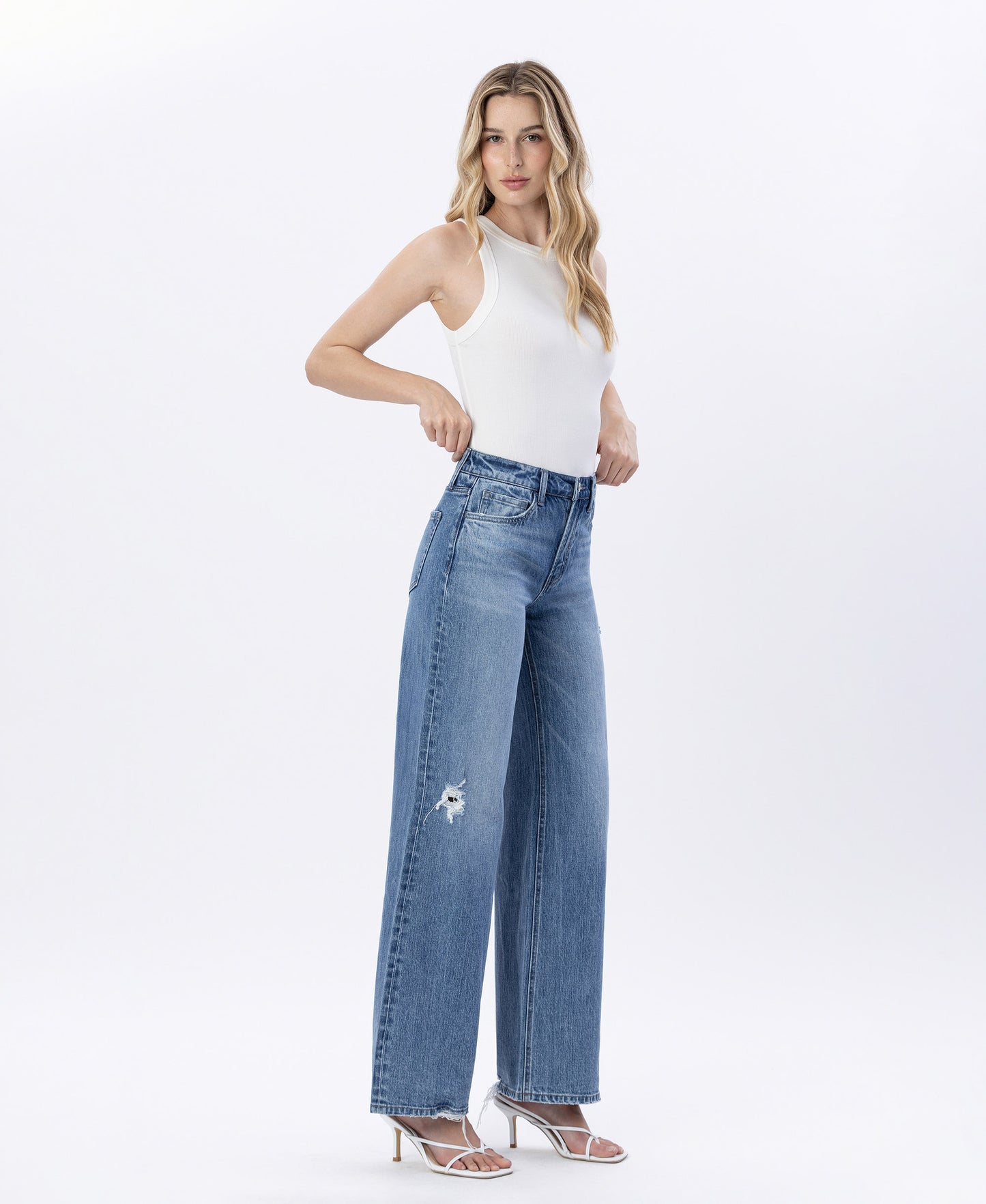 Right 45 degrees product image of Resounding - High Rise Distressed Wide Leg Jeans