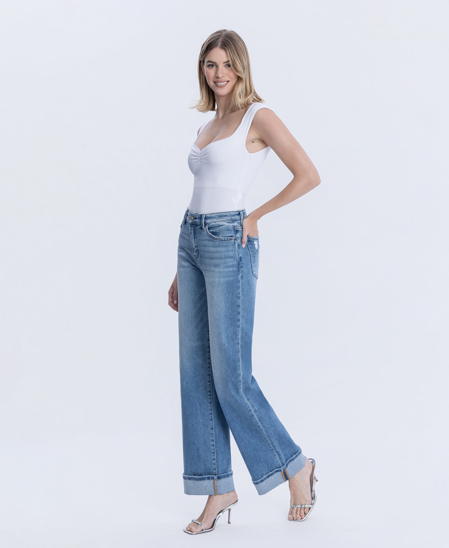 Left 45 degrees product image of Westbury - High Rise Full Length Cuffed Baggy Wide Leg Jeans