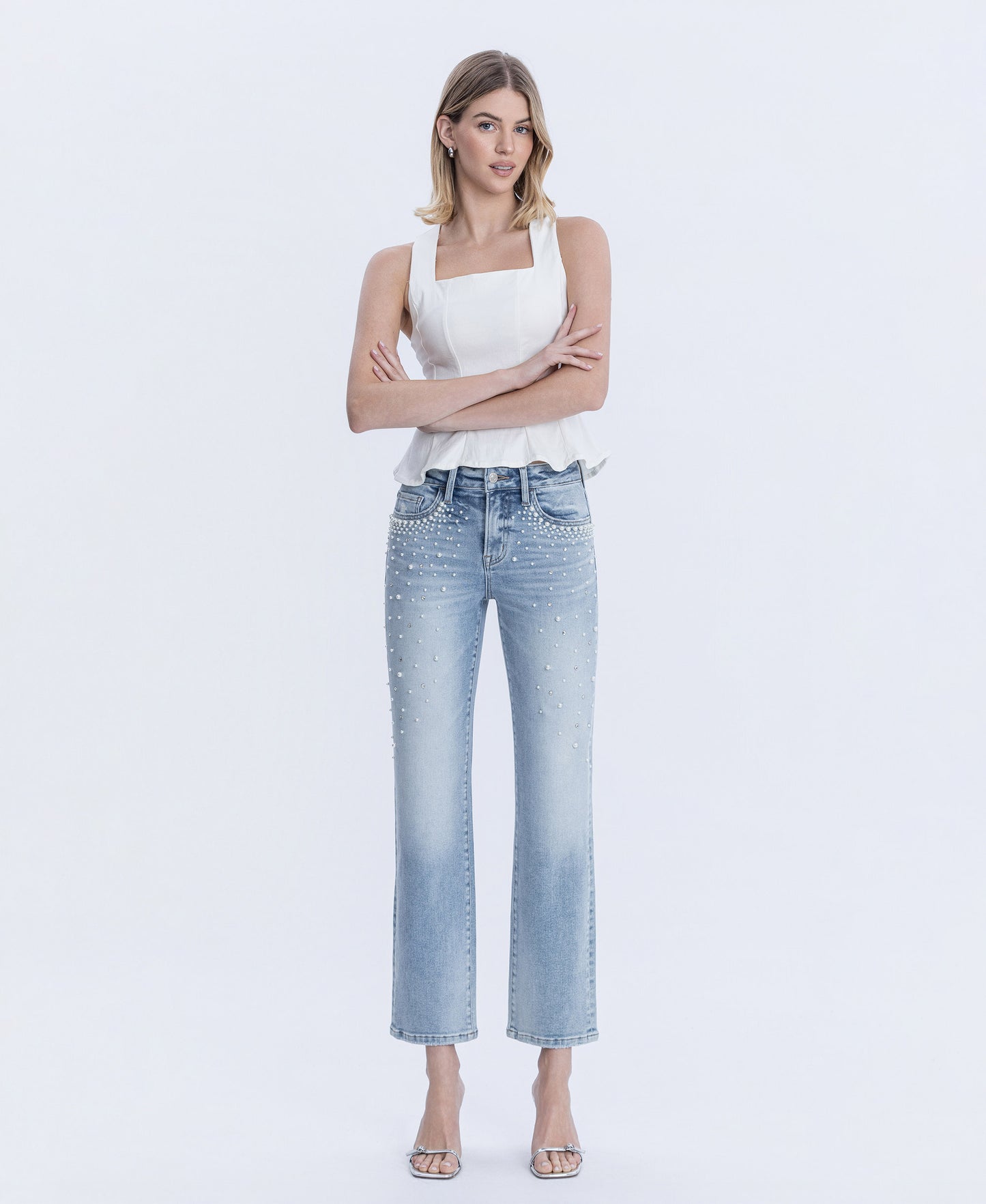Front product images of Beautiful Goddess - High Rise Pearl & Rhinestone Straight Jeans