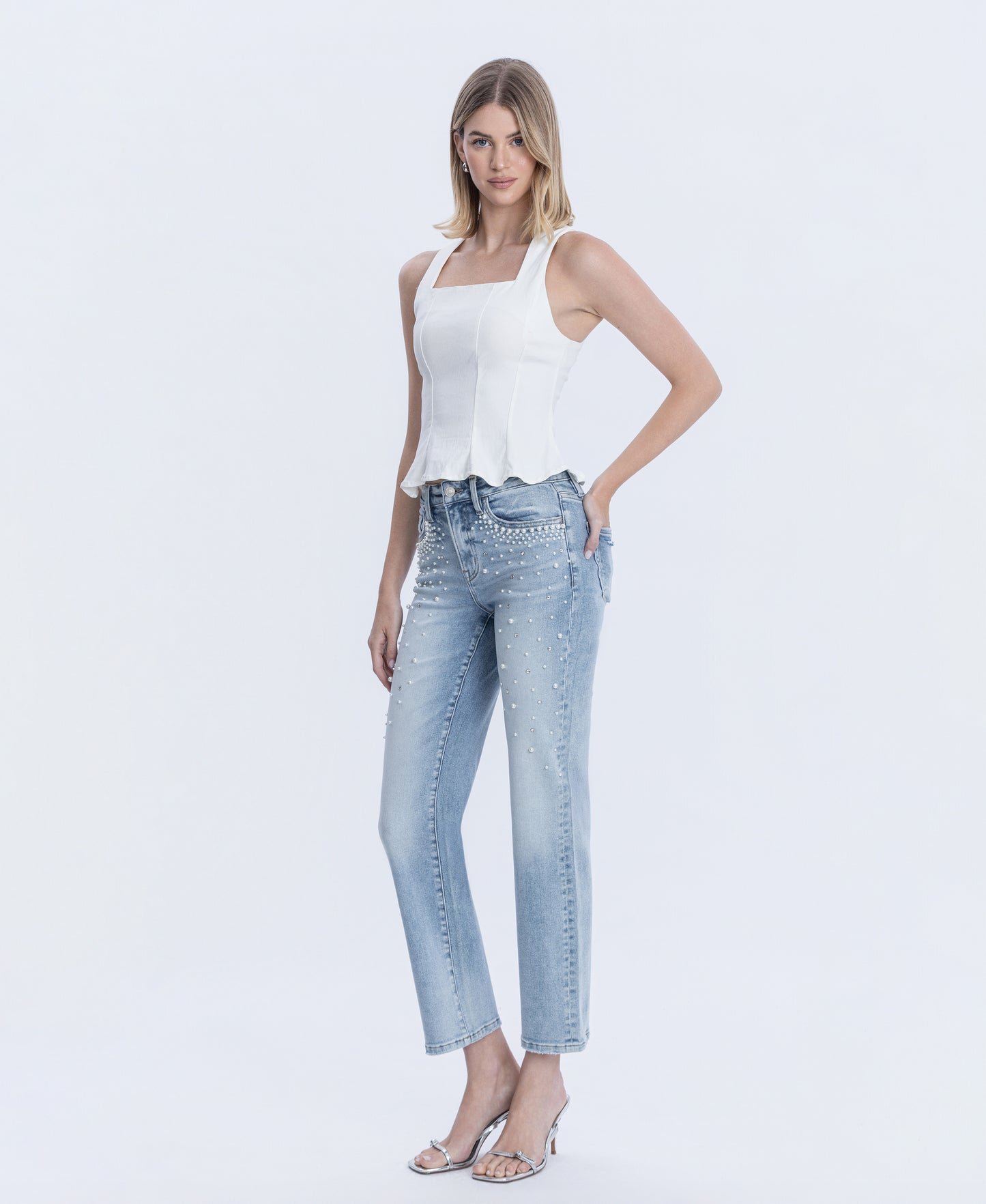 Left 45 degrees product image of Beautiful Goddess - High Rise Pearl & Rhinestone Straight Jeans