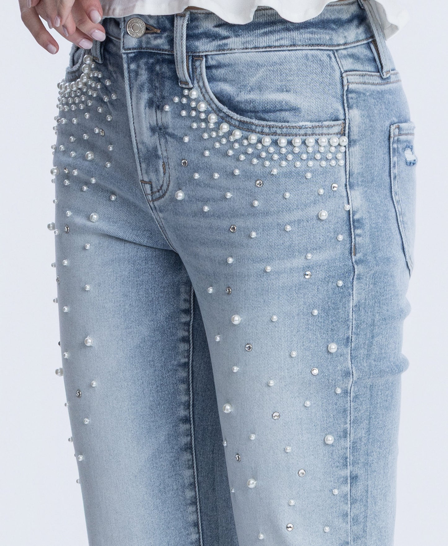 detail image of Beautiful Goddess - High Rise Pearl & Rhinestone Straight Jeans
