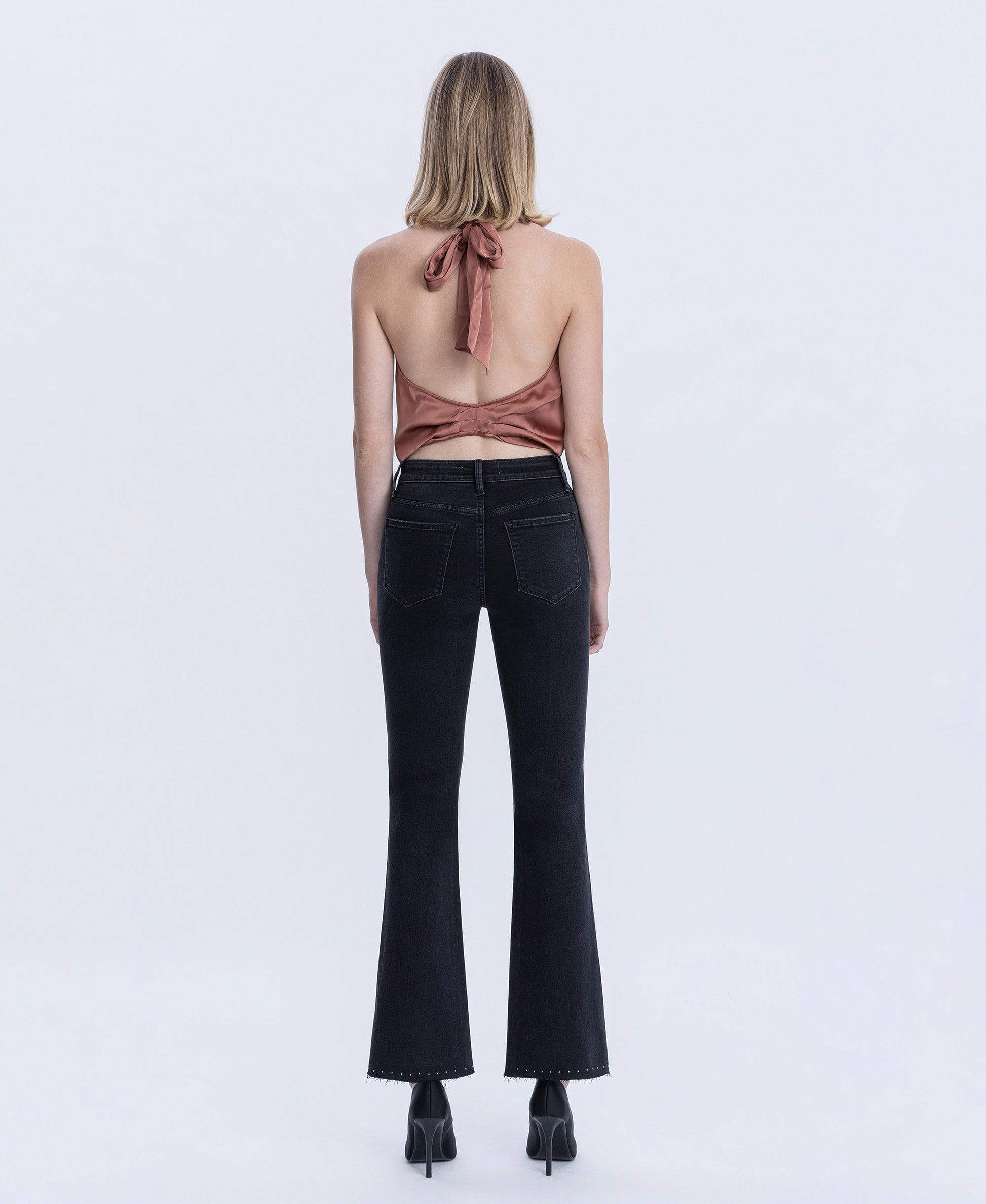 Black - High Rise Pearl Embellished Bootcut Jeans