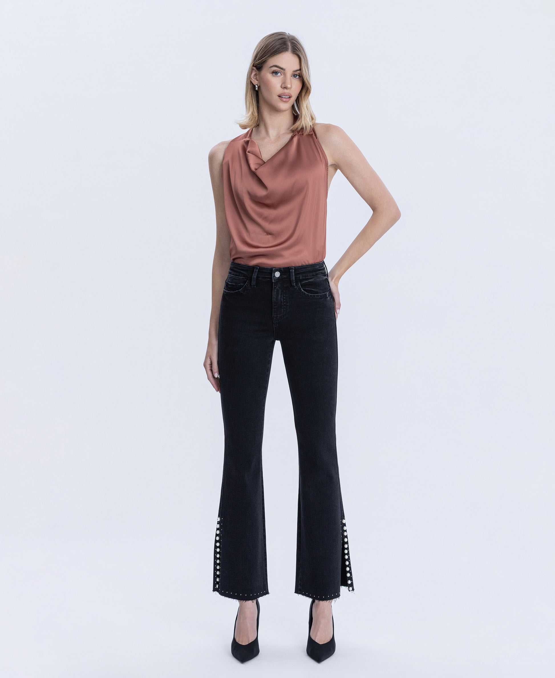 Black - High Rise Pearl Embellished Bootcut Jeans