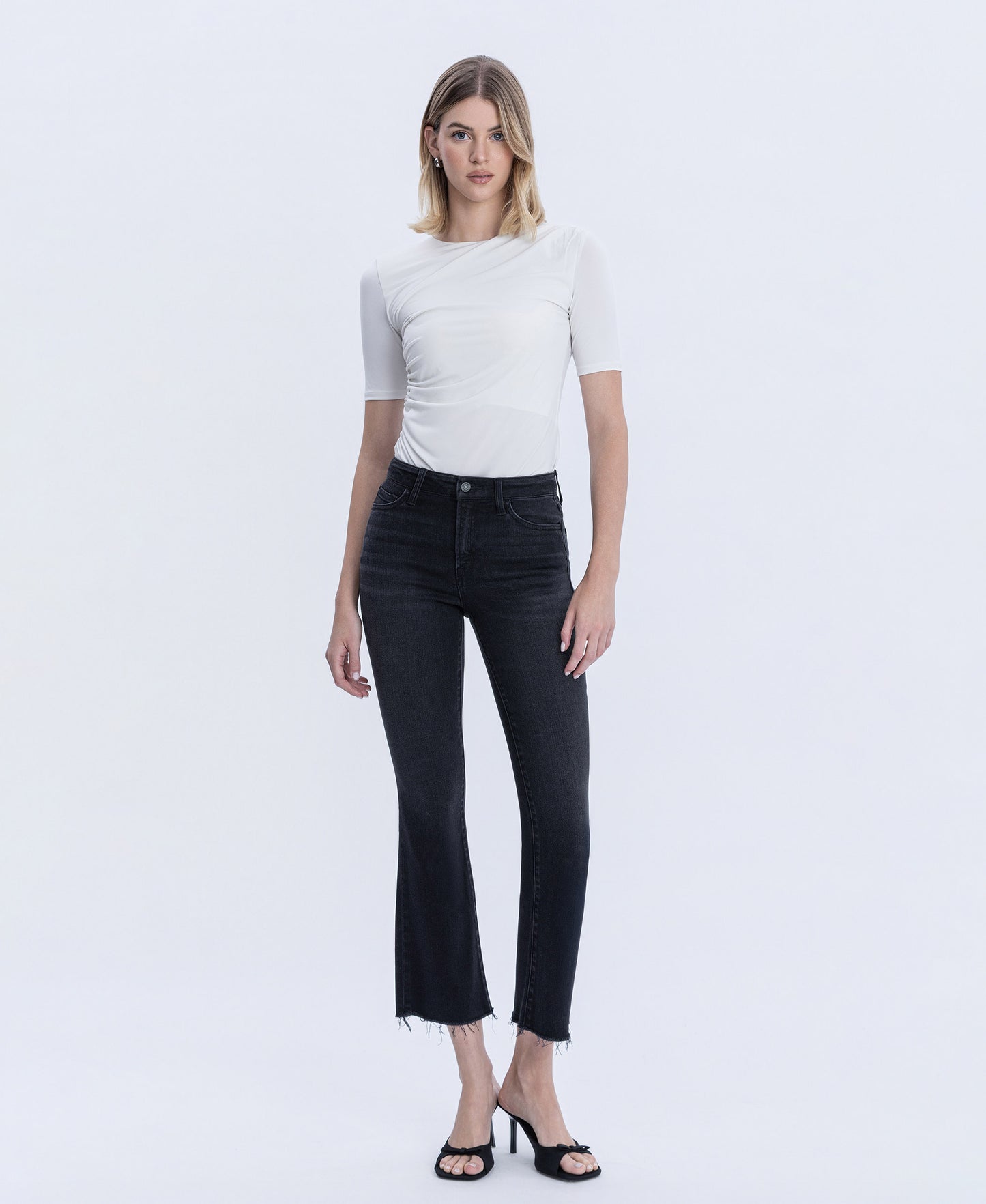Front product images of Black - High Rise Raw Hem Ankle Bootcut Jeans