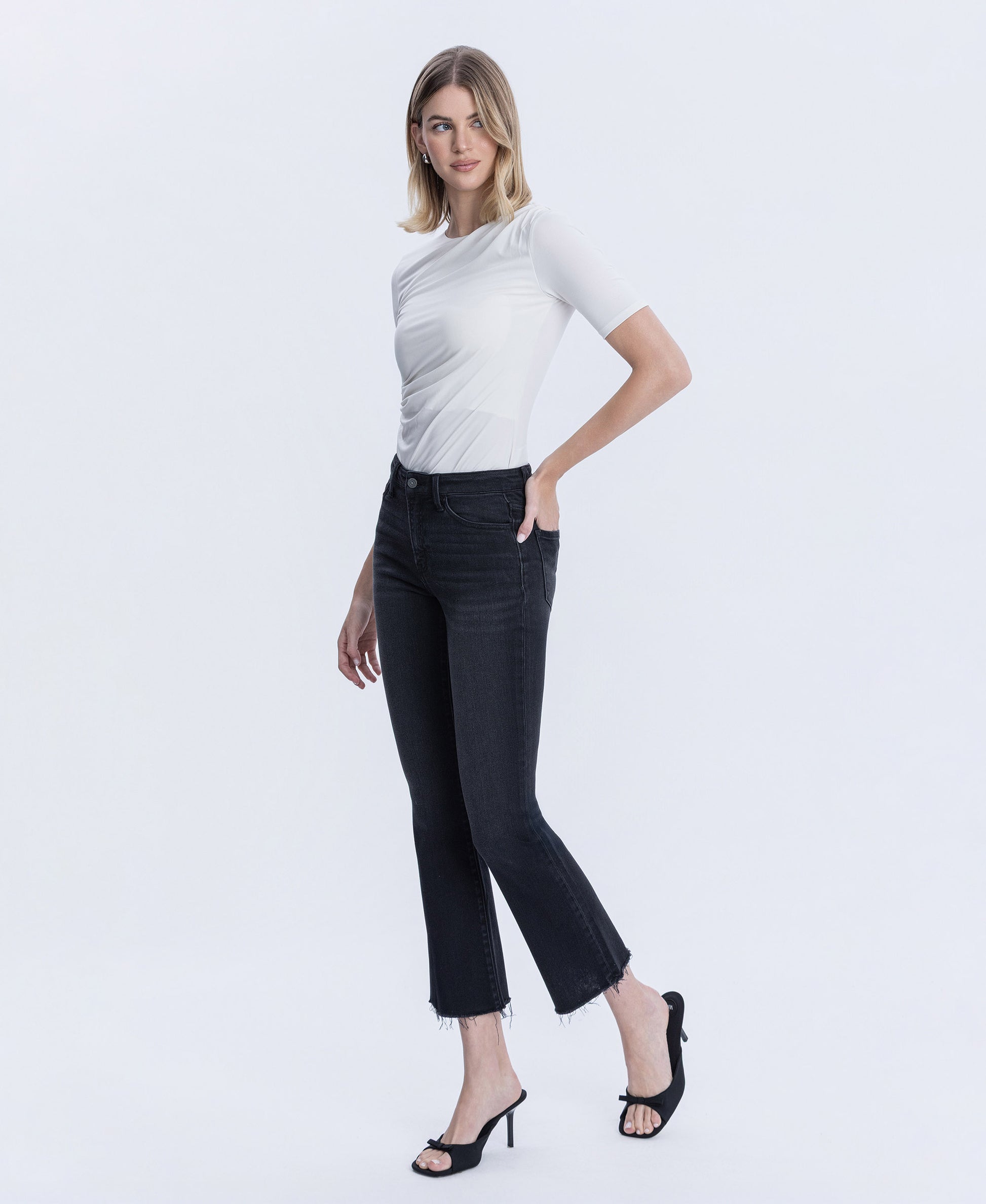 Left 45 degrees product image of Black - High Rise Raw Hem Ankle Bootcut Jeans