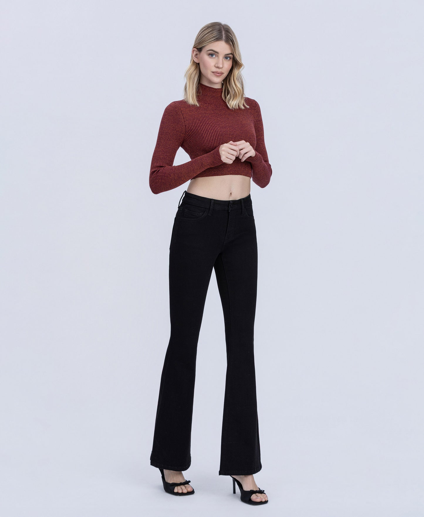 Right 45 degrees product image of Black - Mid Rise Full Length Seamless WB Flare Jeans