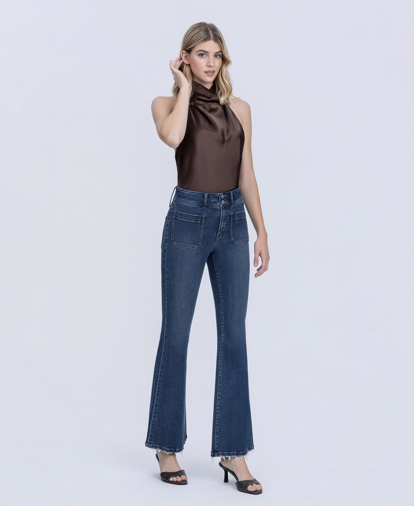 Right 45 degrees product image of Regalia - High Rise 2 Buttons Patch Pocket Tinted Flare Jeans
