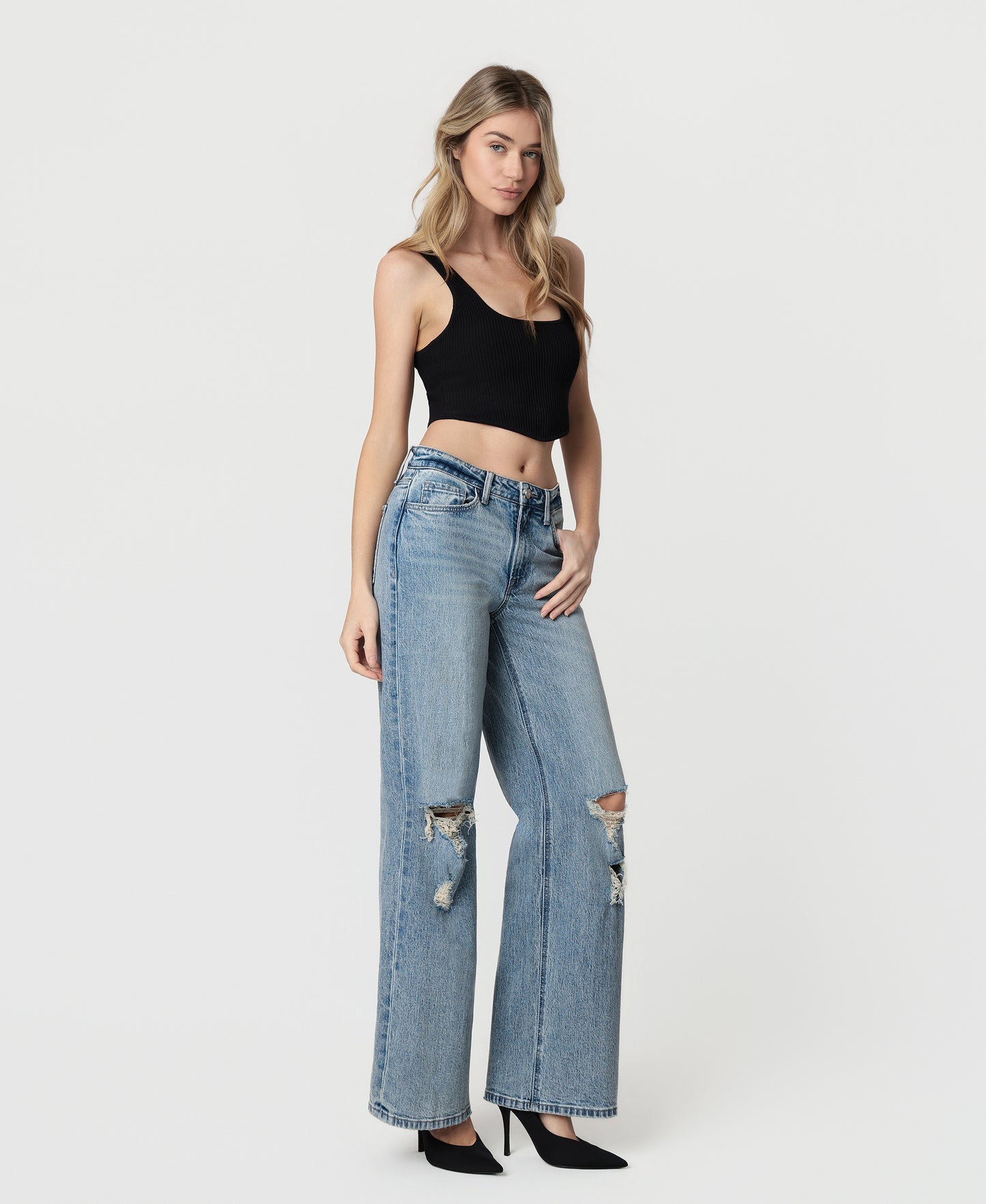 Right 45 degrees product image of Imaginative - High Rise Distressed Tinted Wide Leg Jeans