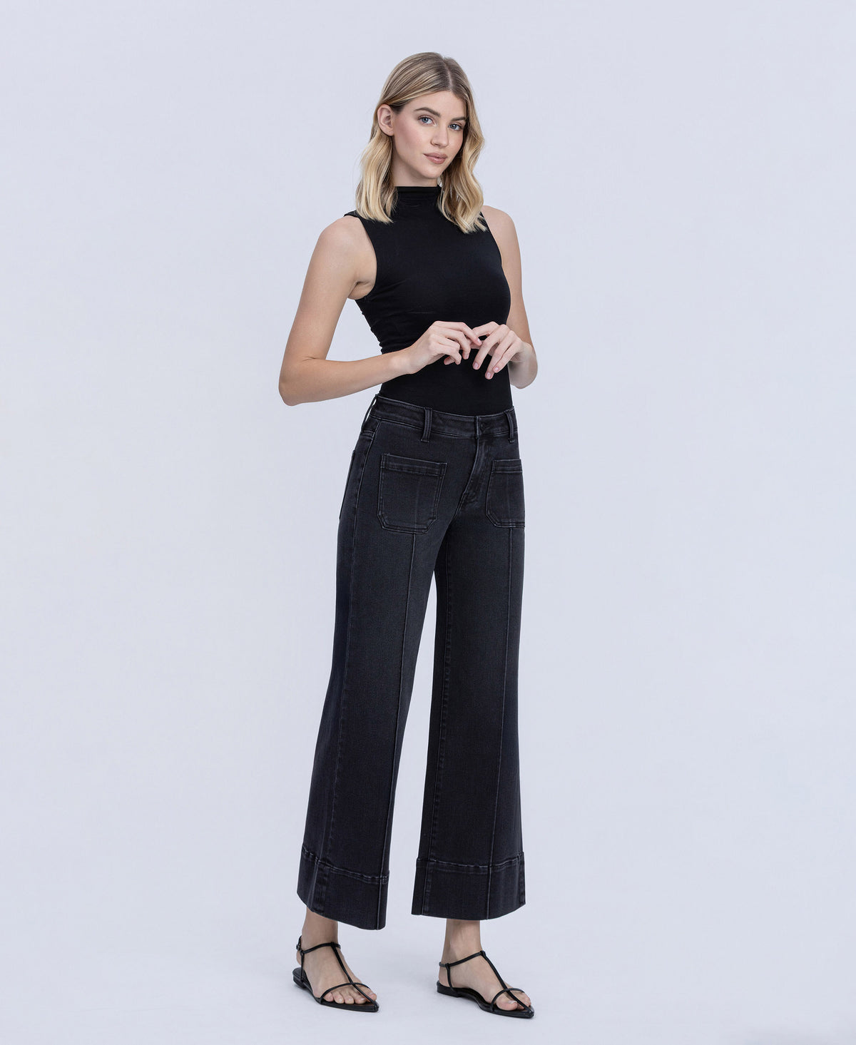 Right 45 degrees product image of Black - High Rise Patch Pocket Pin Tuck Wide Leg Jeans