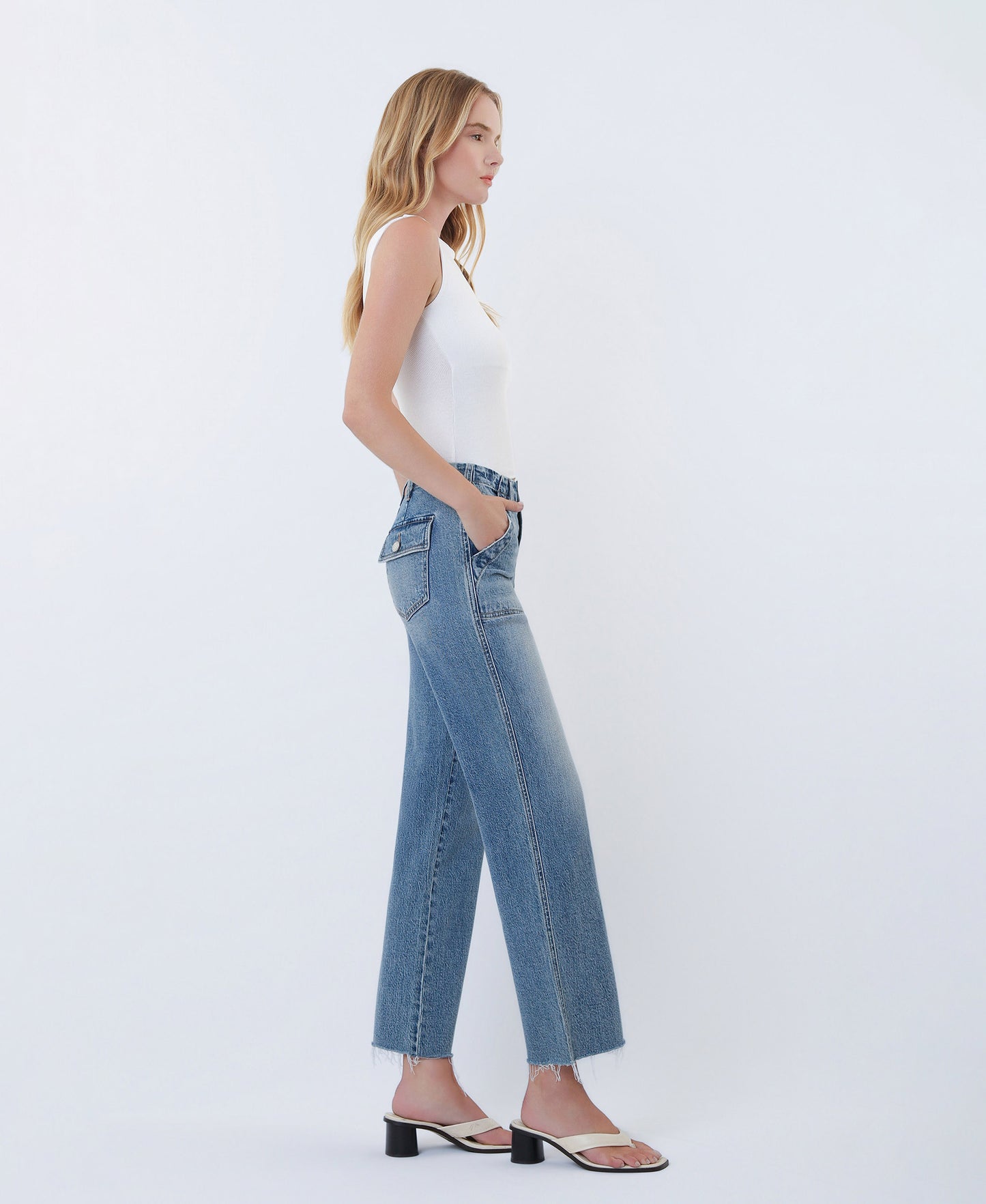 Right 45 degrees product image of Fantasy - High Rise Patch Pocket Slim Wide Leg Jeans