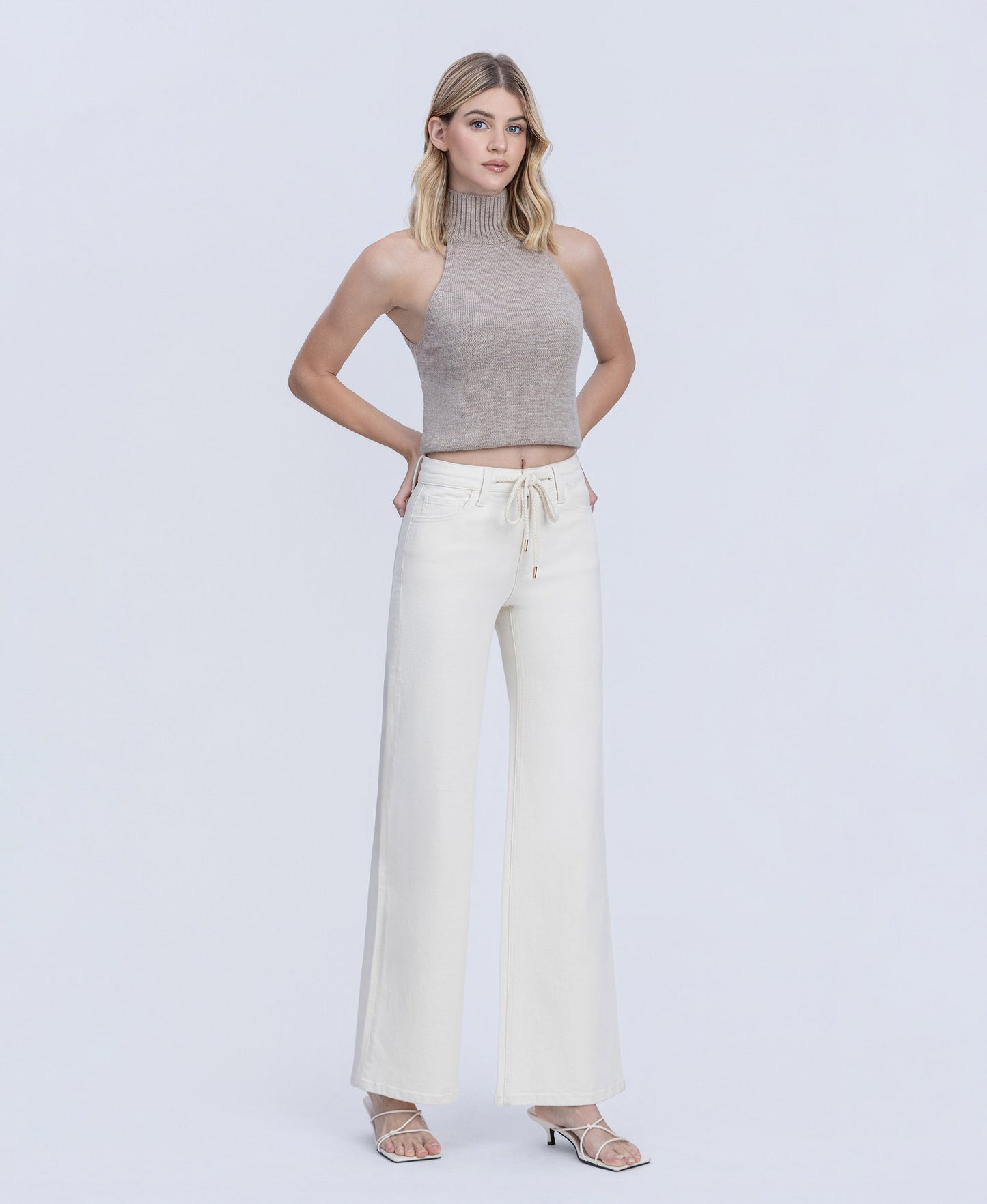 Right 45 degrees product image of Natural - High Rise Drawstring Wide Leg Jeans