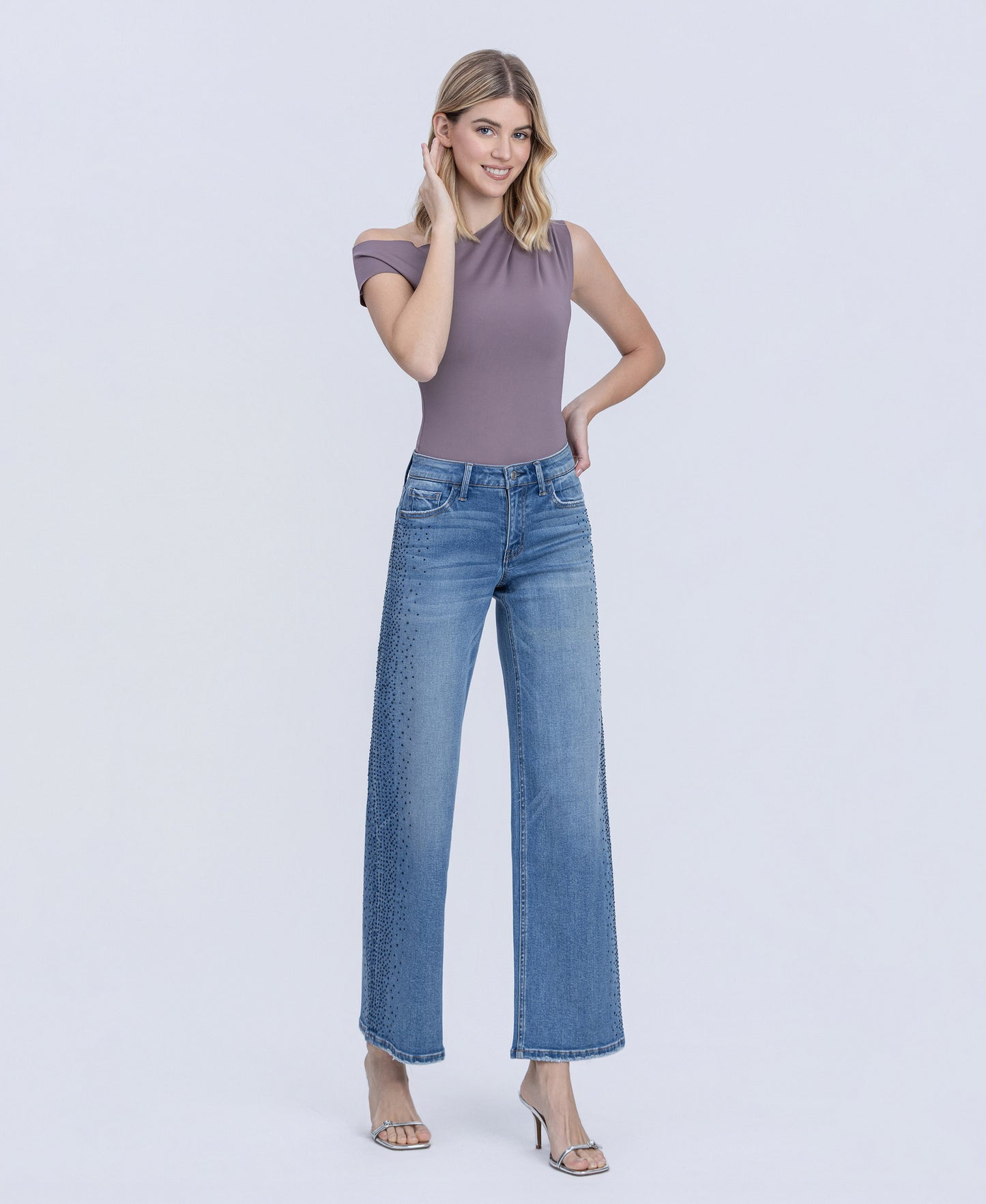Right 45 degrees product image of Glow - Mid Rise Stone Embellished Wide Leg Jeans