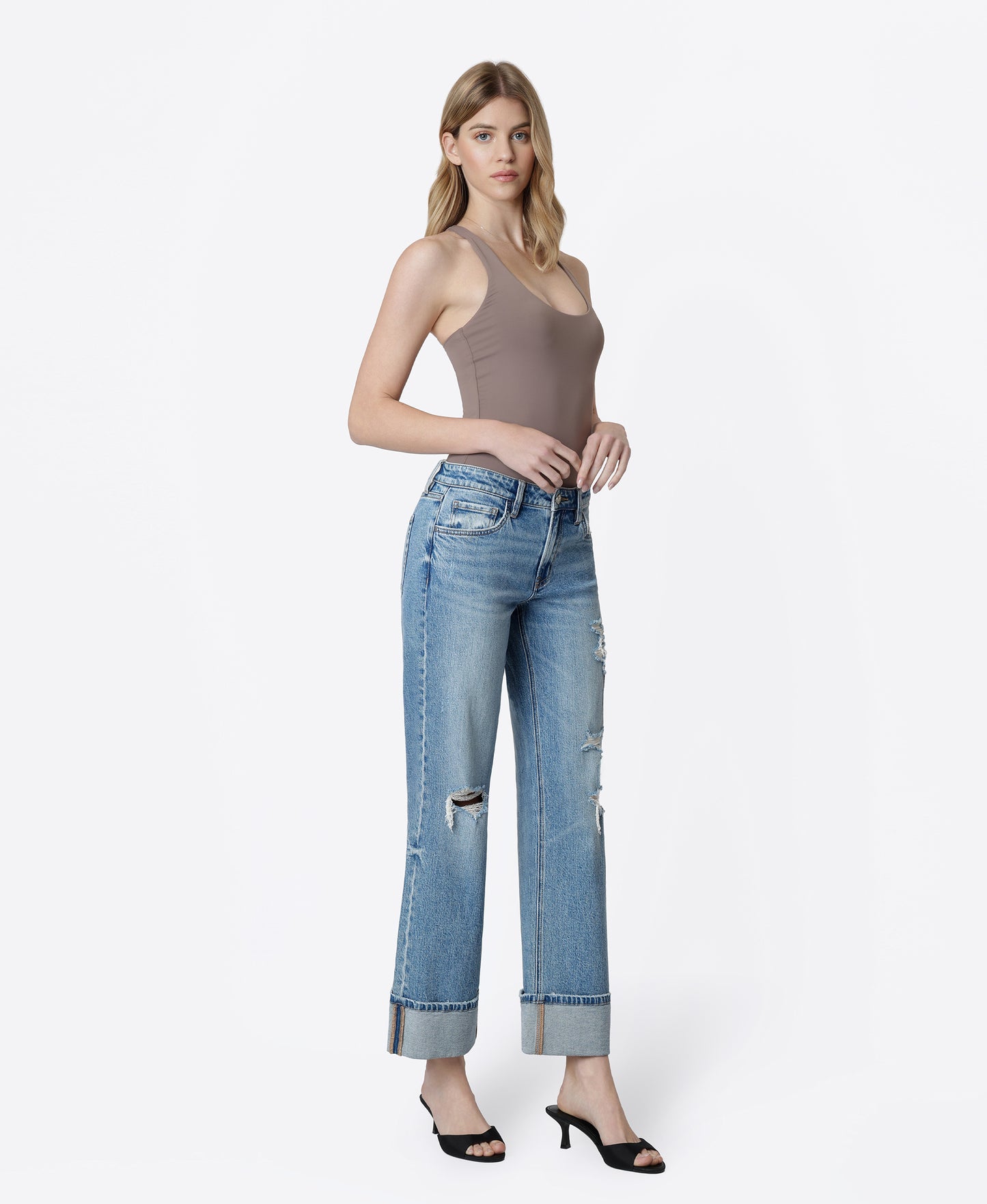 Right 45 degrees product image of Glitz - Mid Rise Distressed Cuffed Slim Wide Leg Jeans