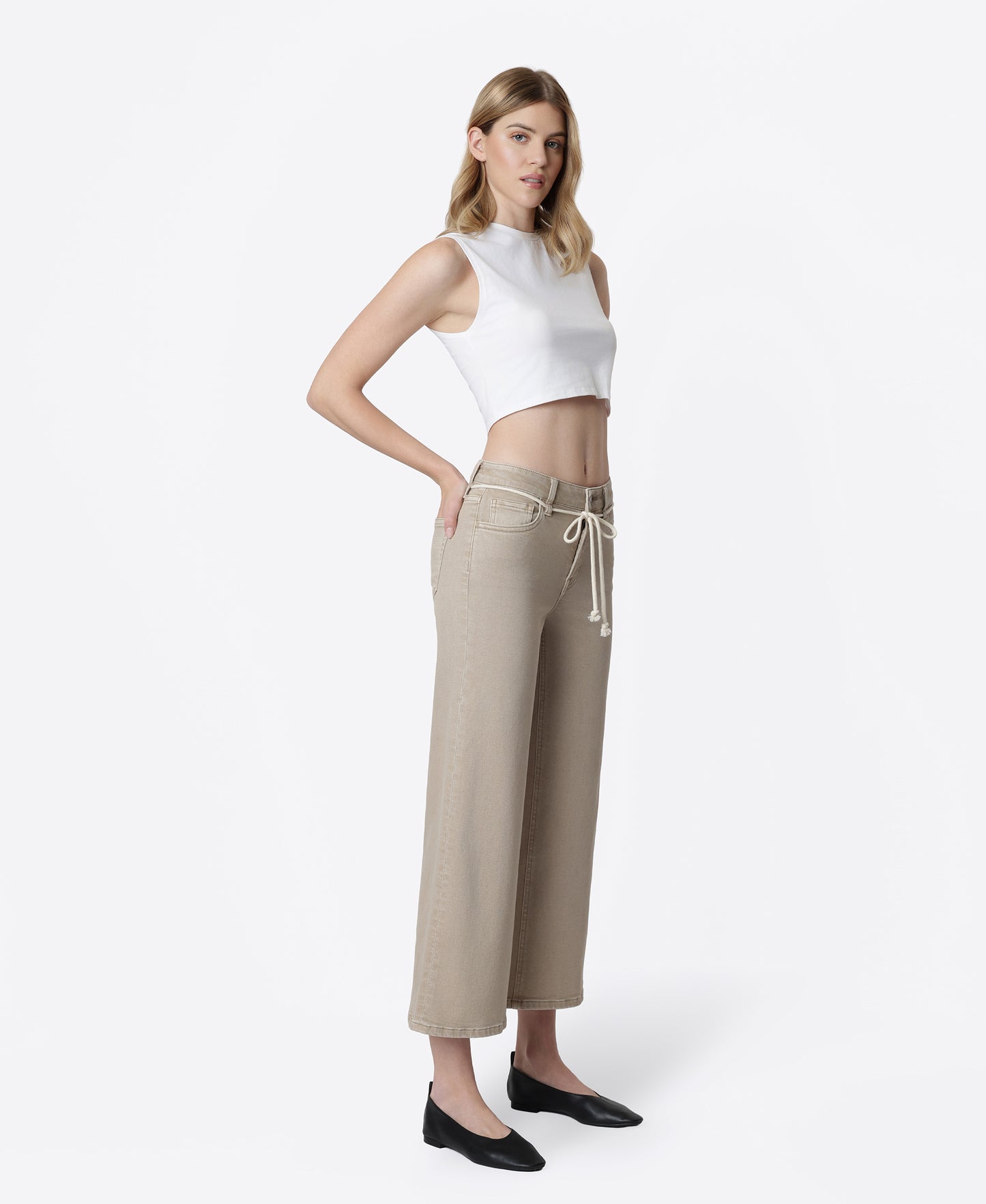 Right 45 degrees product image of Taupe - High Rise Drawstring Crop Wide Leg Jeans