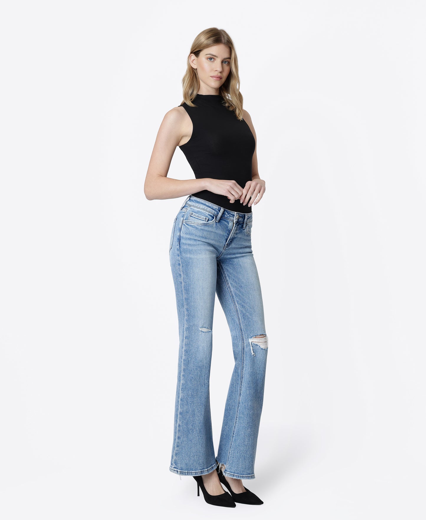 Right 45 degrees product image of Idolize - Low Rise Distressed Easy Flare Jeans