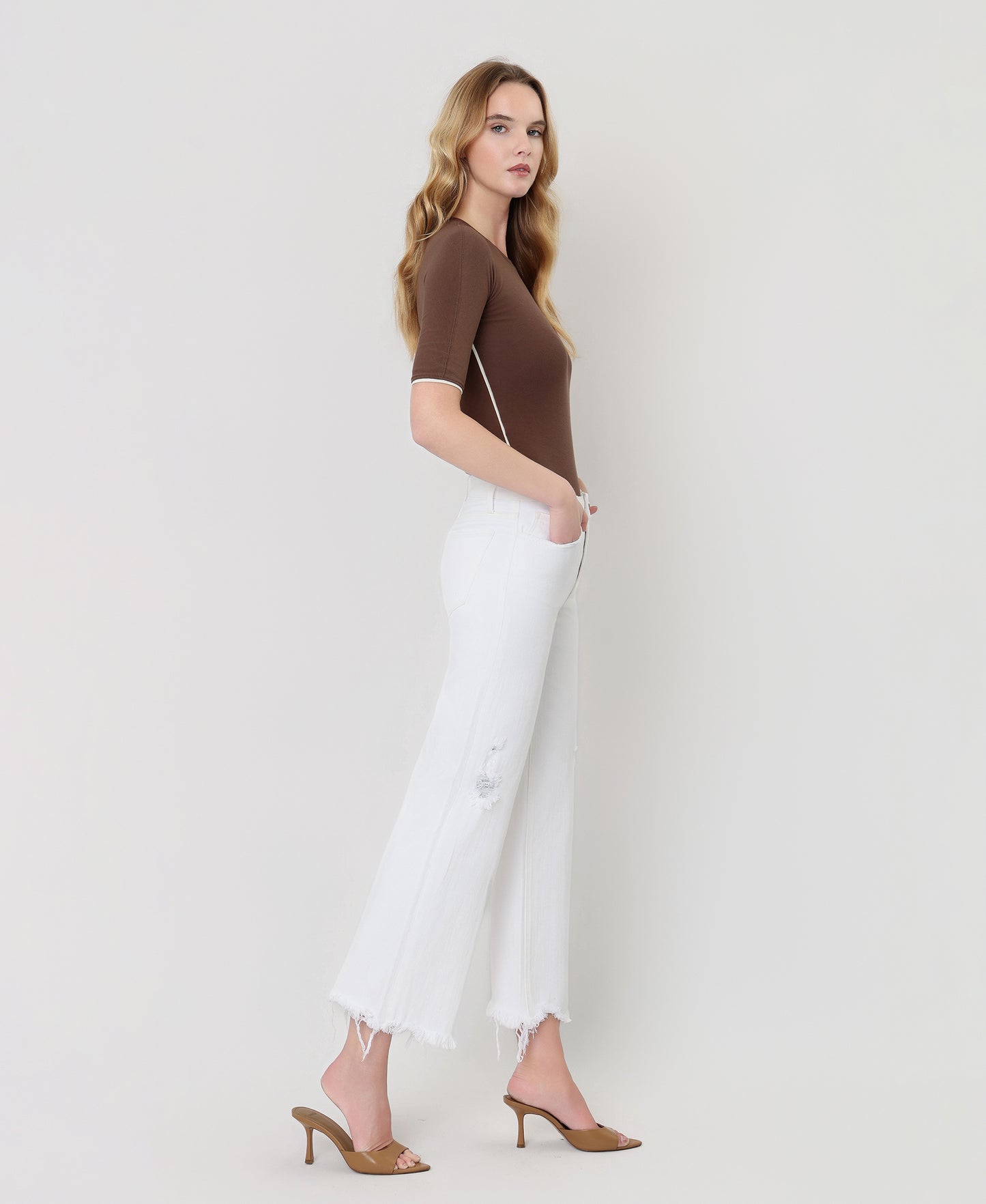 Right side product images of Optic White - High Rise Uneven Raw Hem Crop Wide Leg Jeans