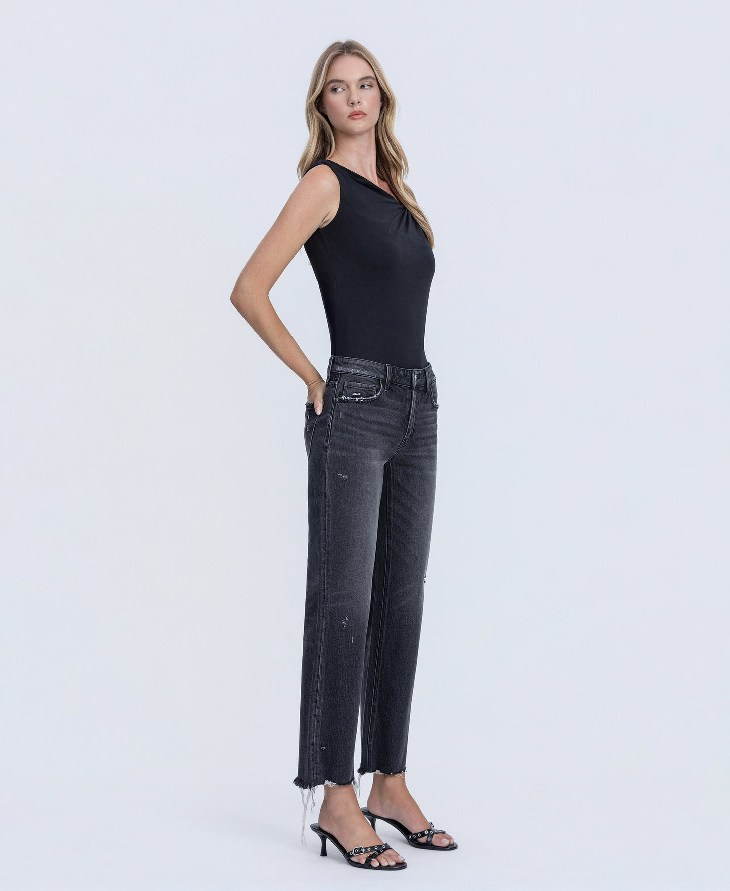Right 45 degrees product image of Black - Mid Rise Raw Distressed Hem Ankle Slim Wide Leg Jeans