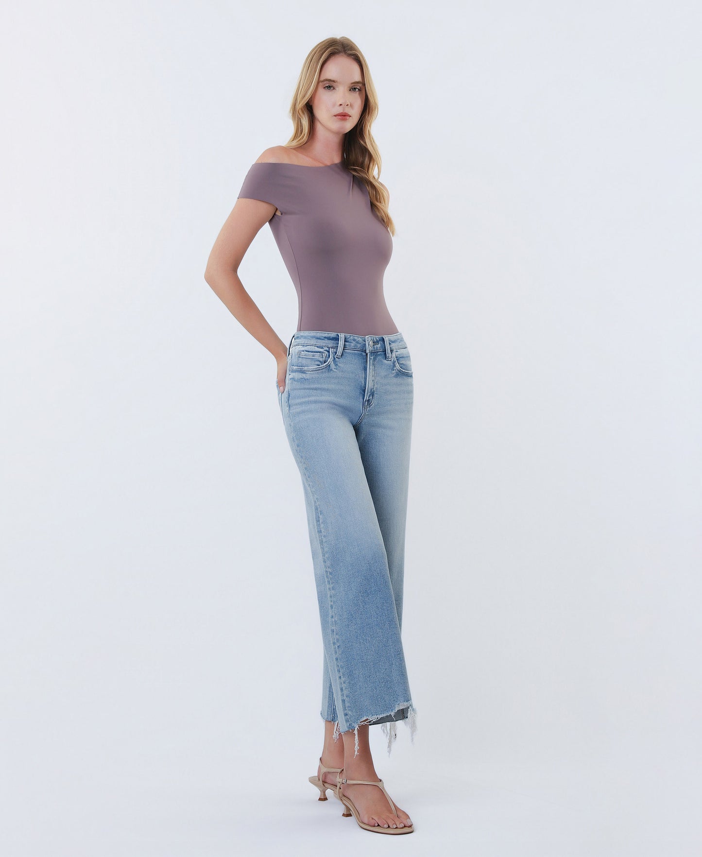 Right 45 degrees product image of Imaginative - High Rise Distressed Hem Crop Wide Leg Jeans