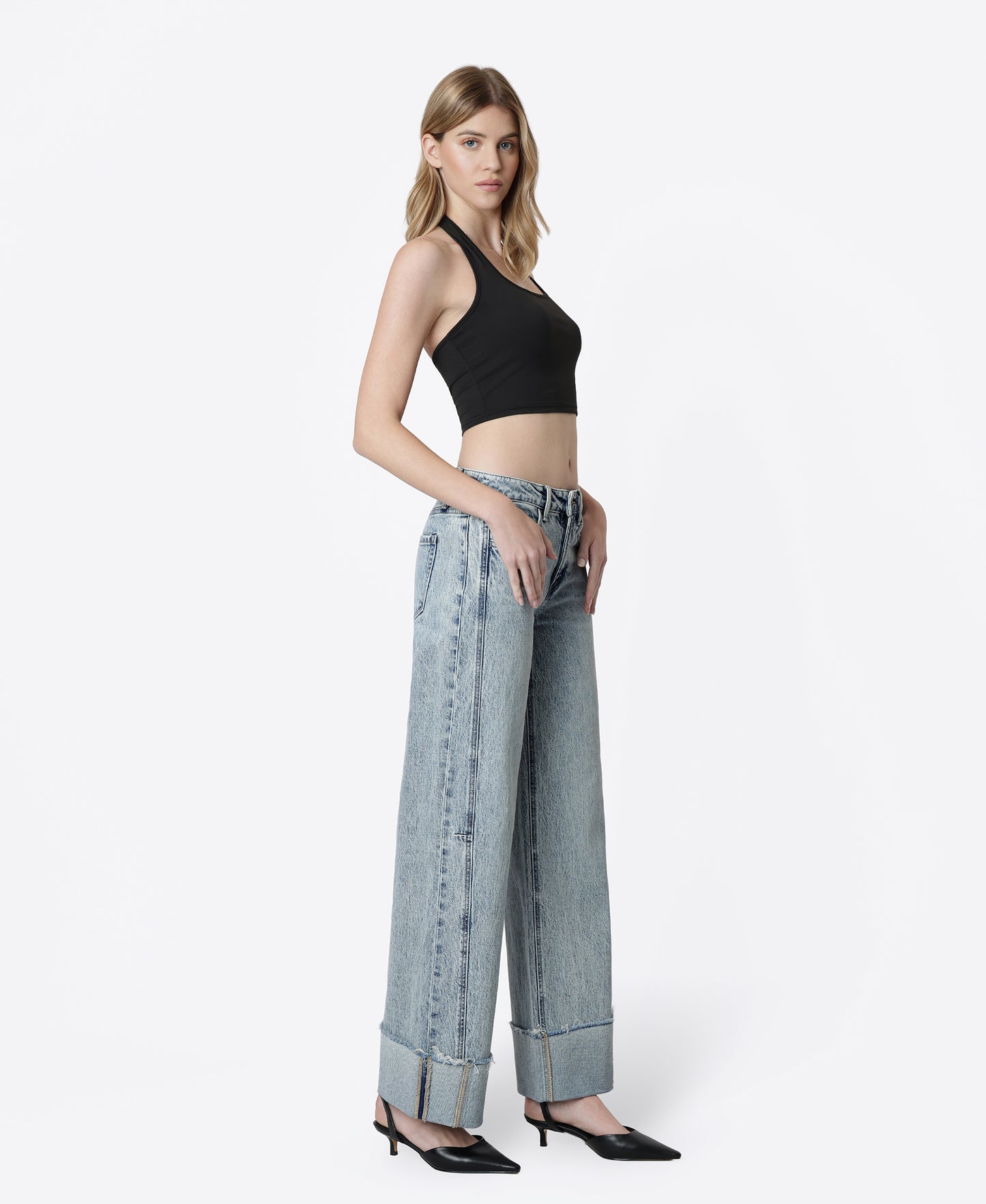 Right 45 degrees product image of Handier - High Rise Full Length Cuffed Wide Leg Tinted Jeans