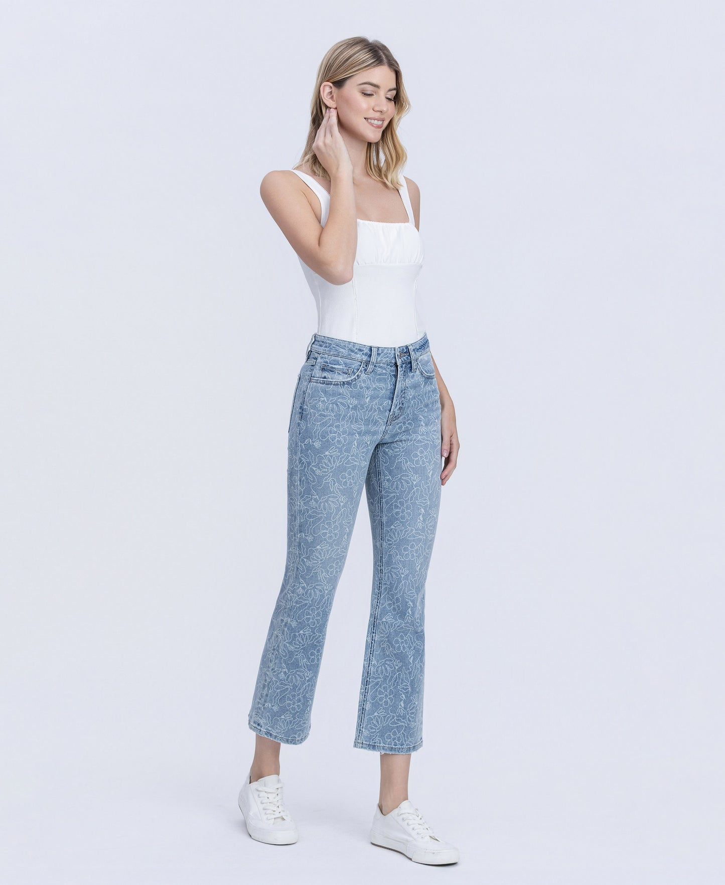 Right 45 degrees product image of Floral Print - High Rise Crop Easy Flare Jeans