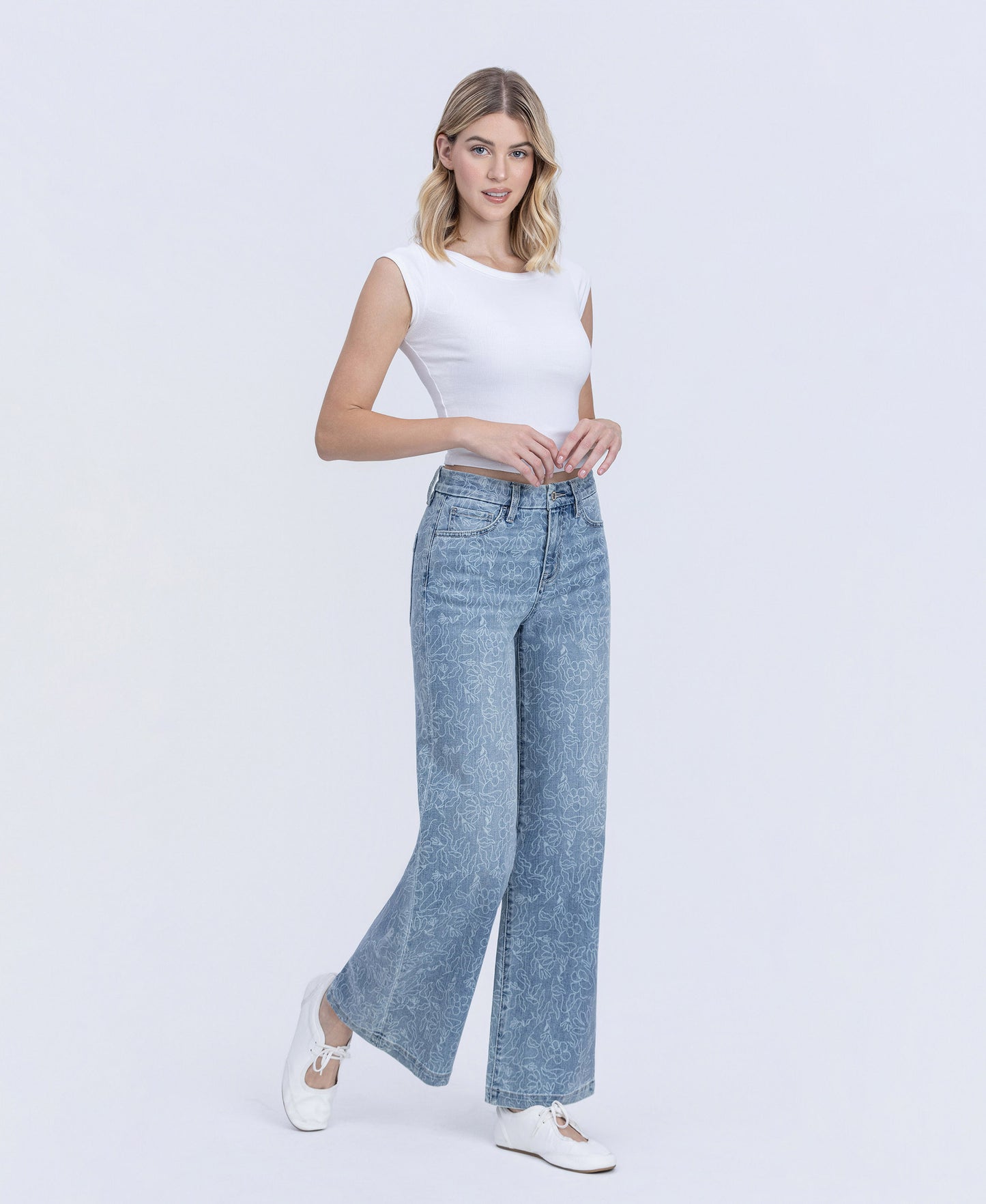 Right 45 degrees product image of Floral - High Rise Floral Print Wide Leg Jeans