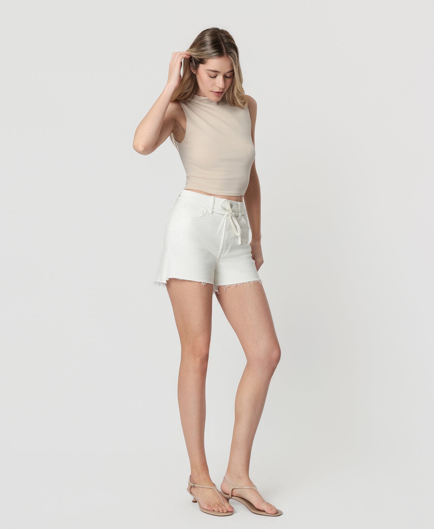 Right 45 degrees product image of Optic White - Super High Rise Raw Step Hem Drawstring Denim Mom Shorts