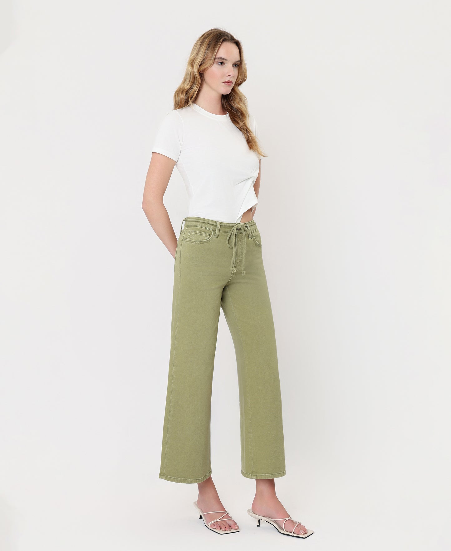 Right 45 degrees product image of Eucalyptus - High Rise Drawstring Crop Wide Leg Jeans