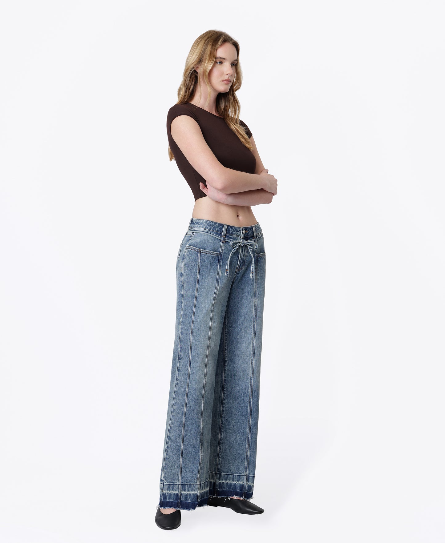 Right 45 degrees product image of Ojai - Mid Rise Waist Tie Paneled Seam Tinted Wide Leg Jeans