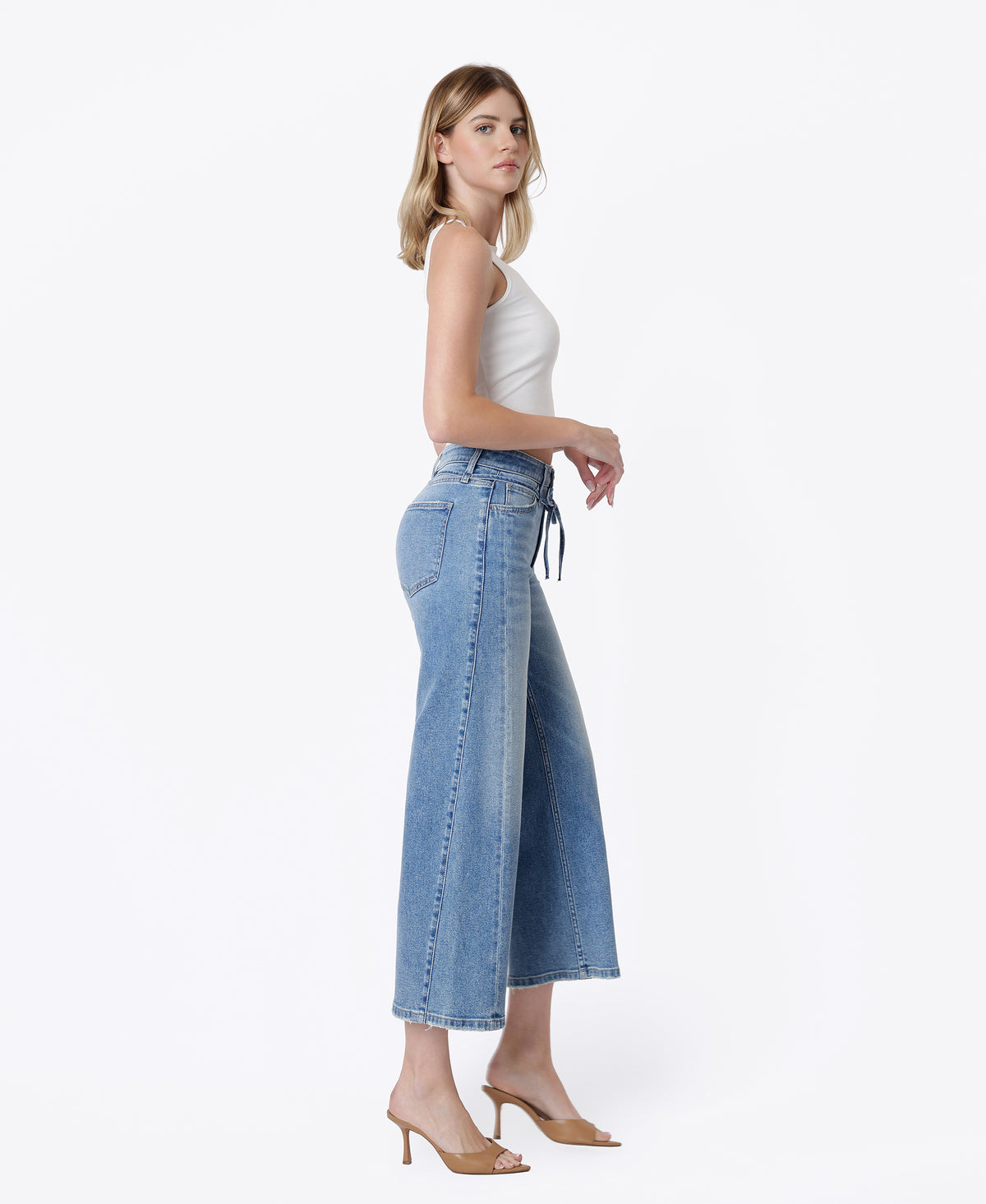 Right side product images of On The Blue - Super High Rise Seam Detail Self Strap Crop Wide Leg Jeans