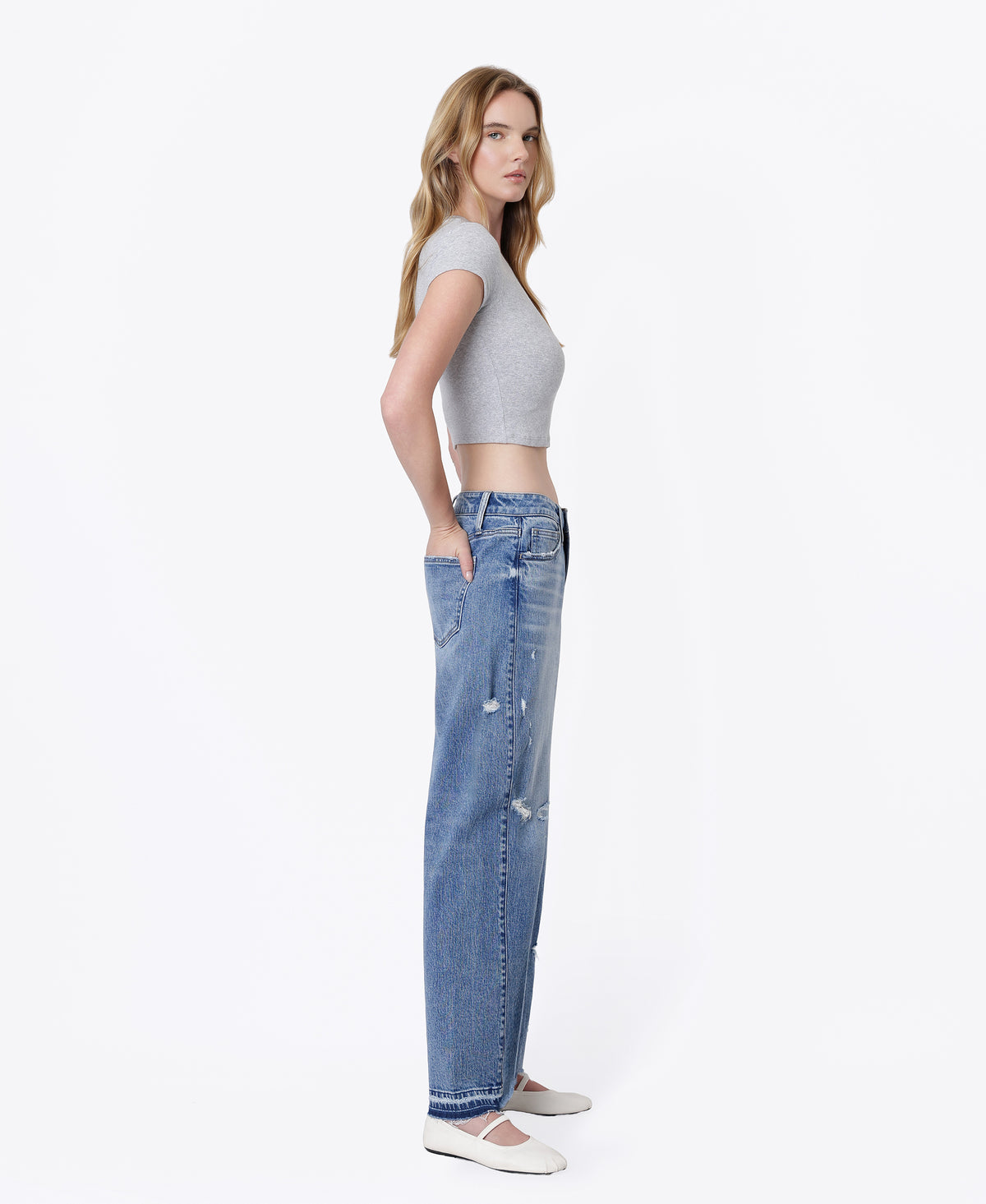 Right side product images of Enthusiast - High Rise Seam Detail Distressed Wide Barrel Jeans