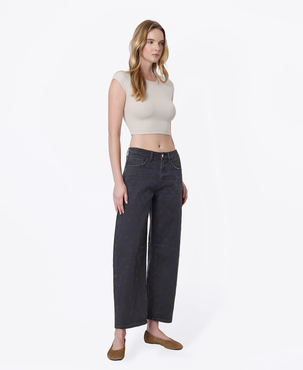 Right 45 degrees product image of Floral Flocking - High Rise Black Floral Flocked Barrel Jeans