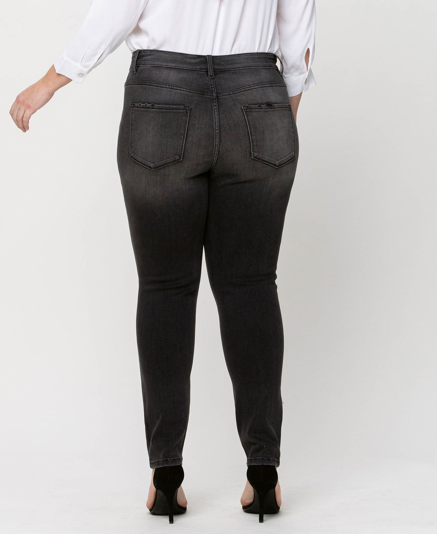 Back product images of York - Plus High Rise Distressed Button Fly Ankle Skinny Denim Jeans