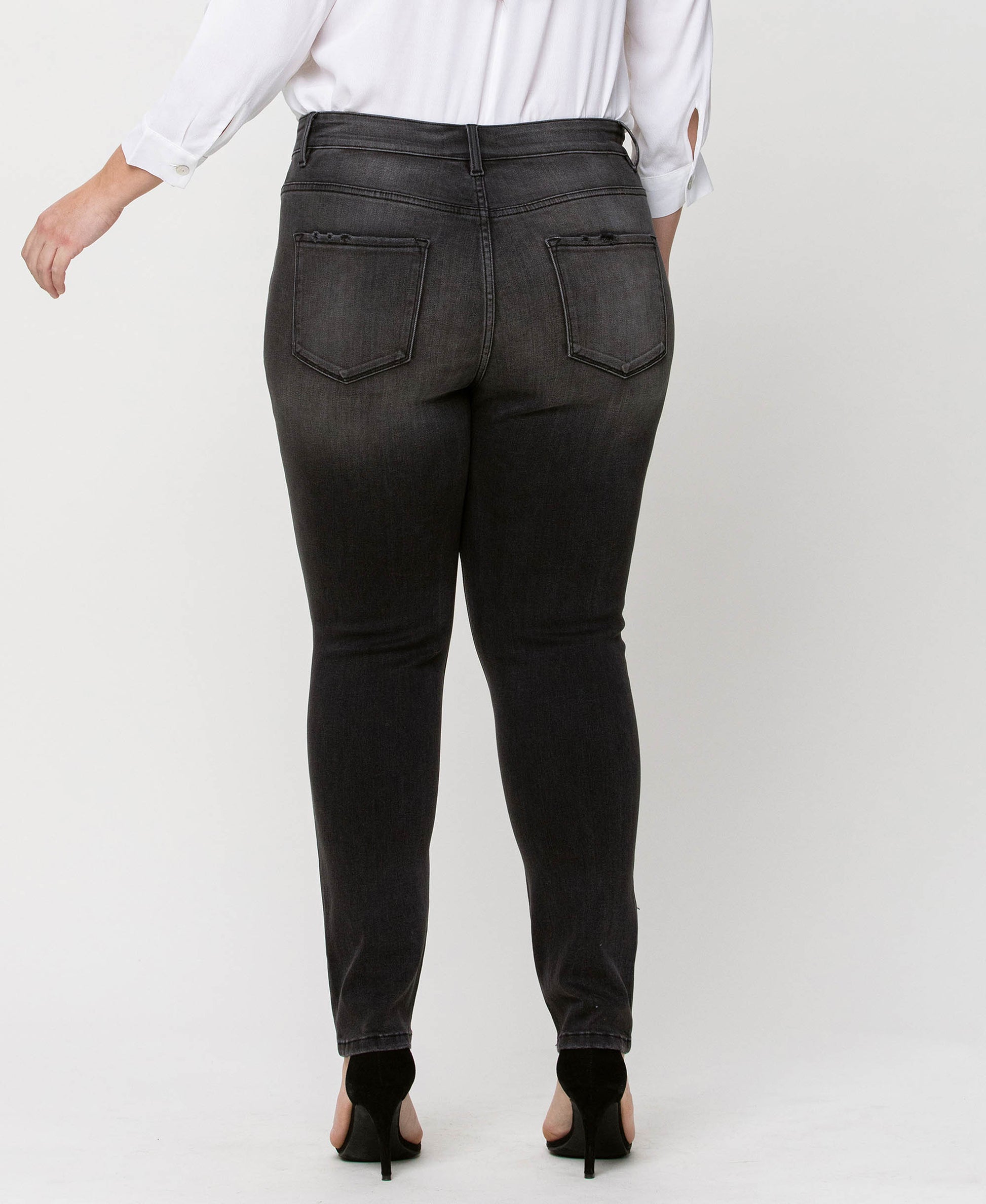Back product images of York - Plus High Rise Distressed Button Fly Ankle Skinny Denim Jeans