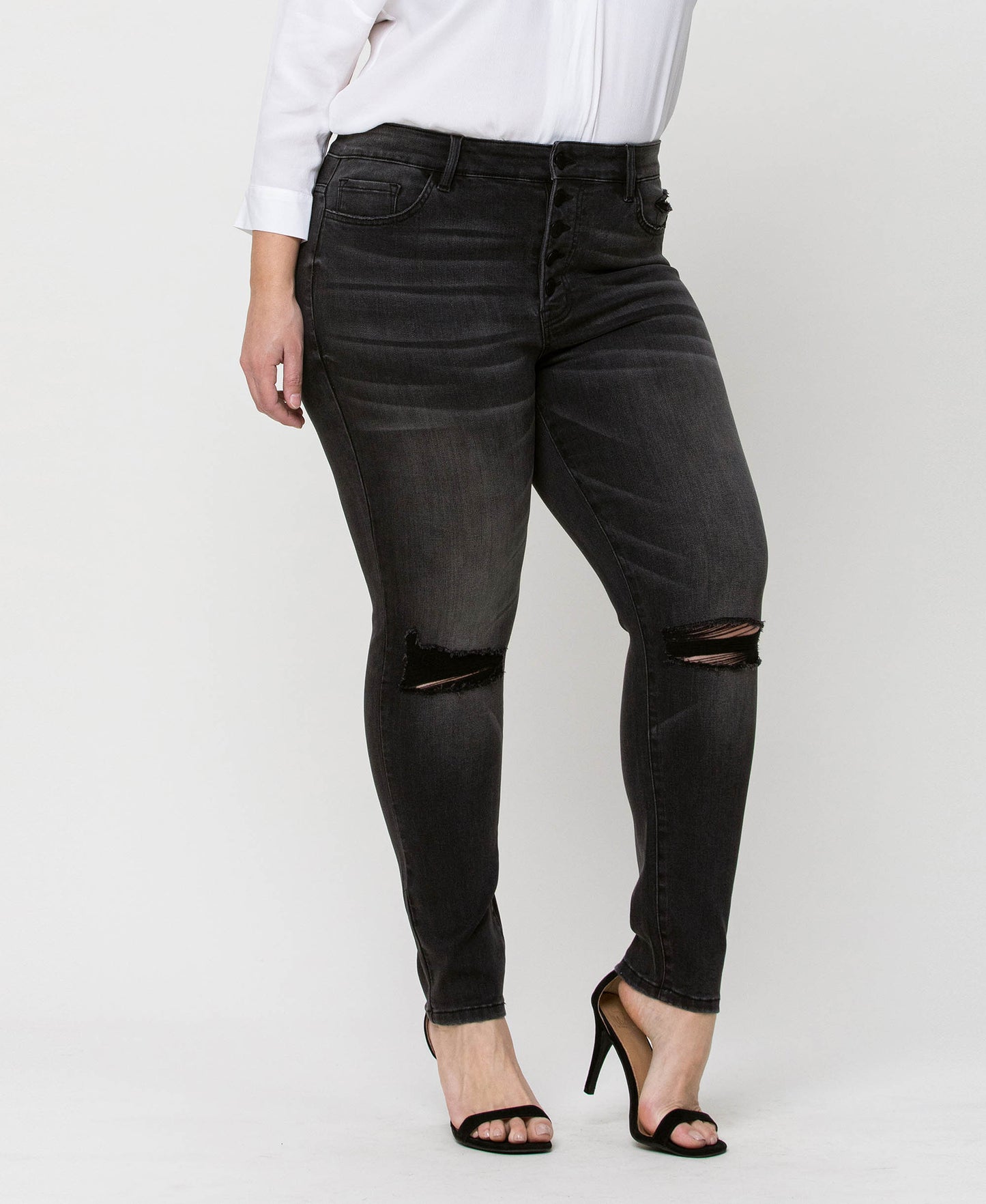 Right 45 degrees product image of York - Plus High Rise Distressed Button Fly Ankle Skinny Denim Jeans