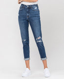 Left 45 degrees product image of Lock Yard - Distressed Roll Up Stretch Mom Jeans