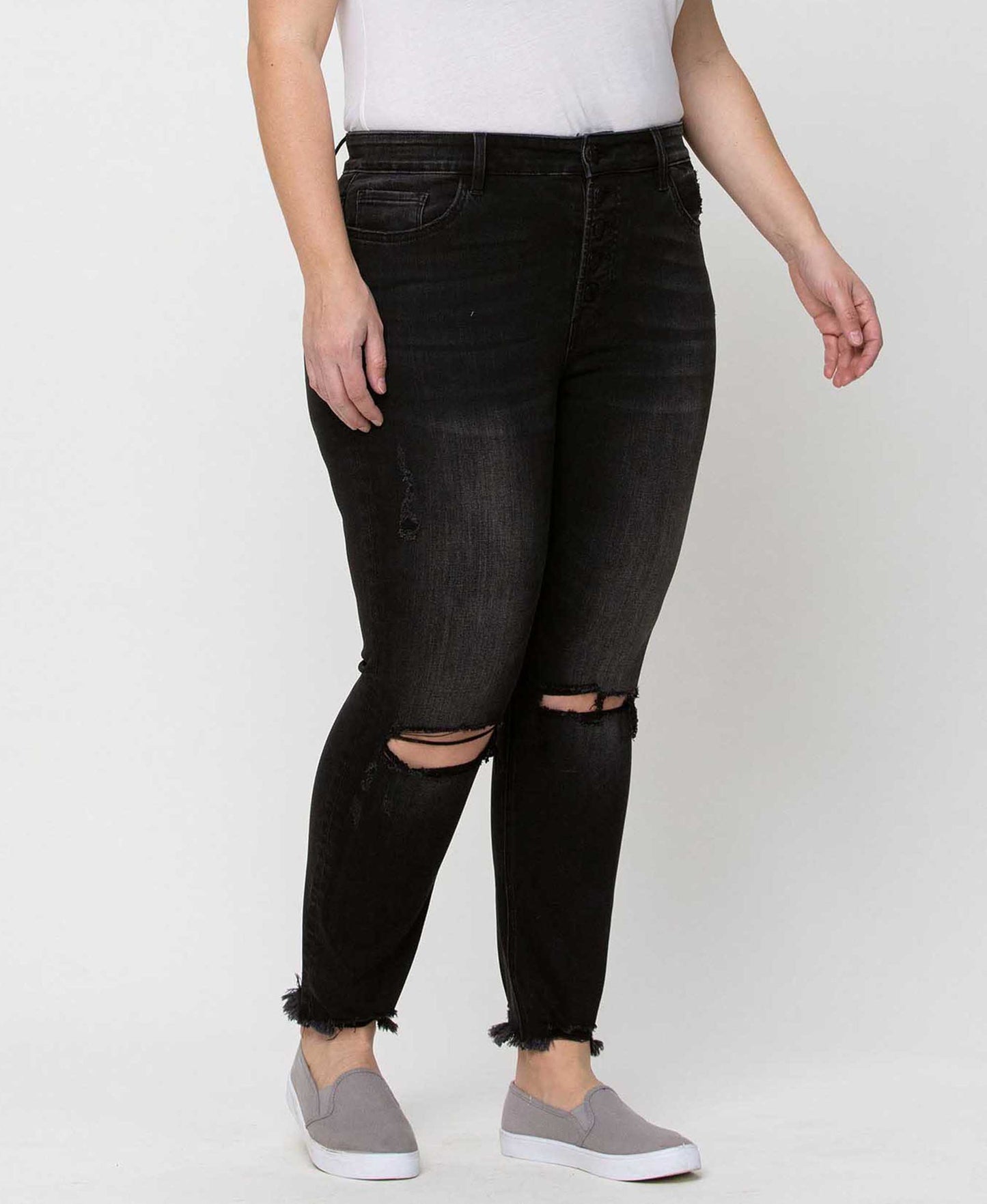 Right 45 degrees product image of Night Reflection - Plus High Rise Button Fly Distressed Crop Skinny Jeans