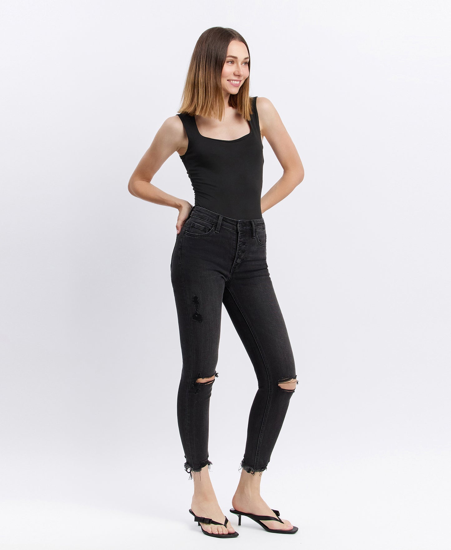 Front product images of Night Reflection - High Rise Button Fly Distressed Crop Skinny Jeans