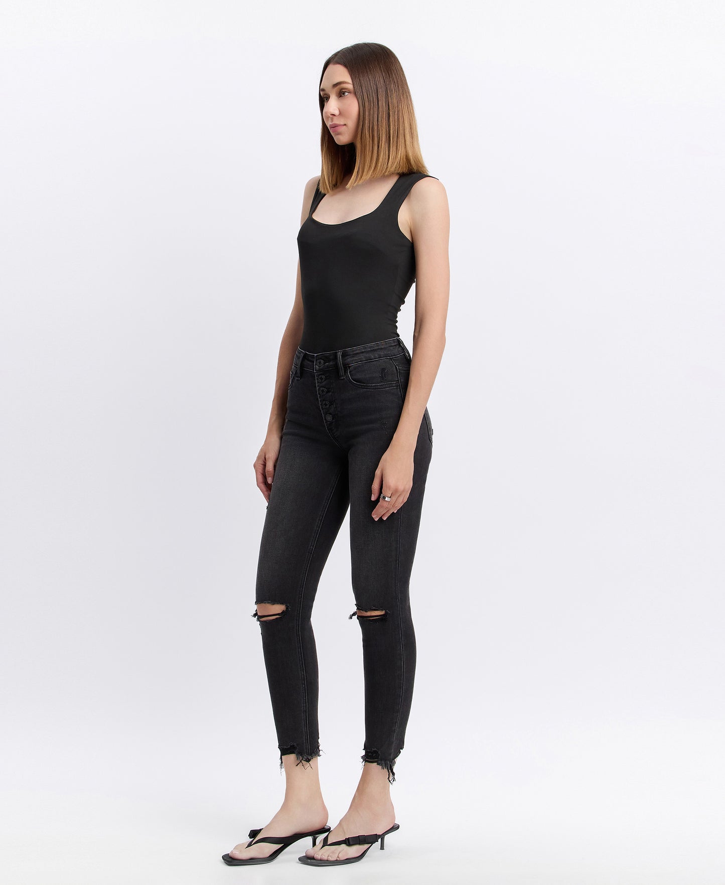 Left 45 degrees product image of Night Reflection - High Rise Button Fly Distressed Crop Skinny Jeans